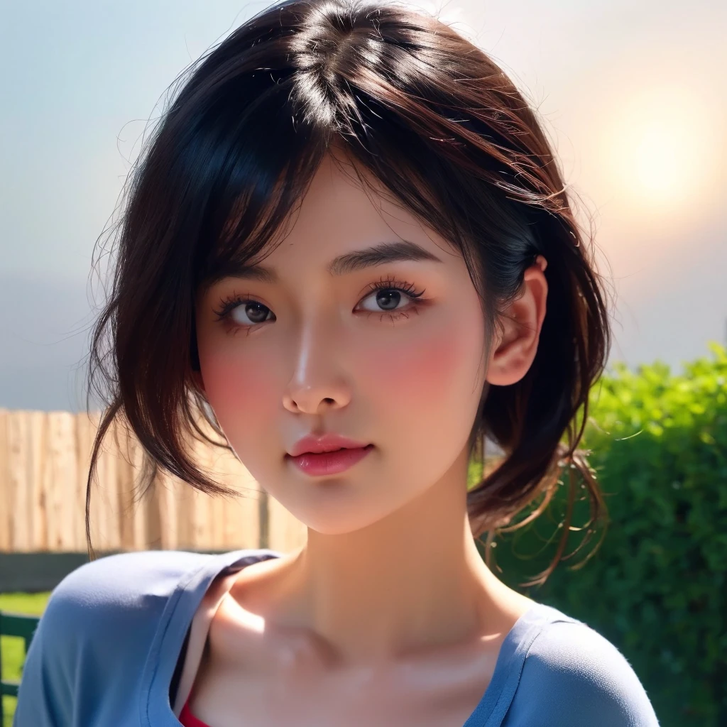 "Create realistic digital images of,Asian woman with a round face, Glowing Pink Body , Red cheeksอมชมพู, Black hair,Ponytail,A 2 meter long scissor baggy hair ,My hair flutters in the wind., Red cheeks,  wearing a blue-white camouflage T-shirt ,  with black lettering. The scene is outdoor, with a green background, and she is standing in front of a fence or a wooden wall. The atmosphere is serene and intimate by Natural light enhances the soft look and gives it a refreshing and approachable feel."High quality photos, 3d, 16k, Portrait photography, การถ่ายmovies, movies, 