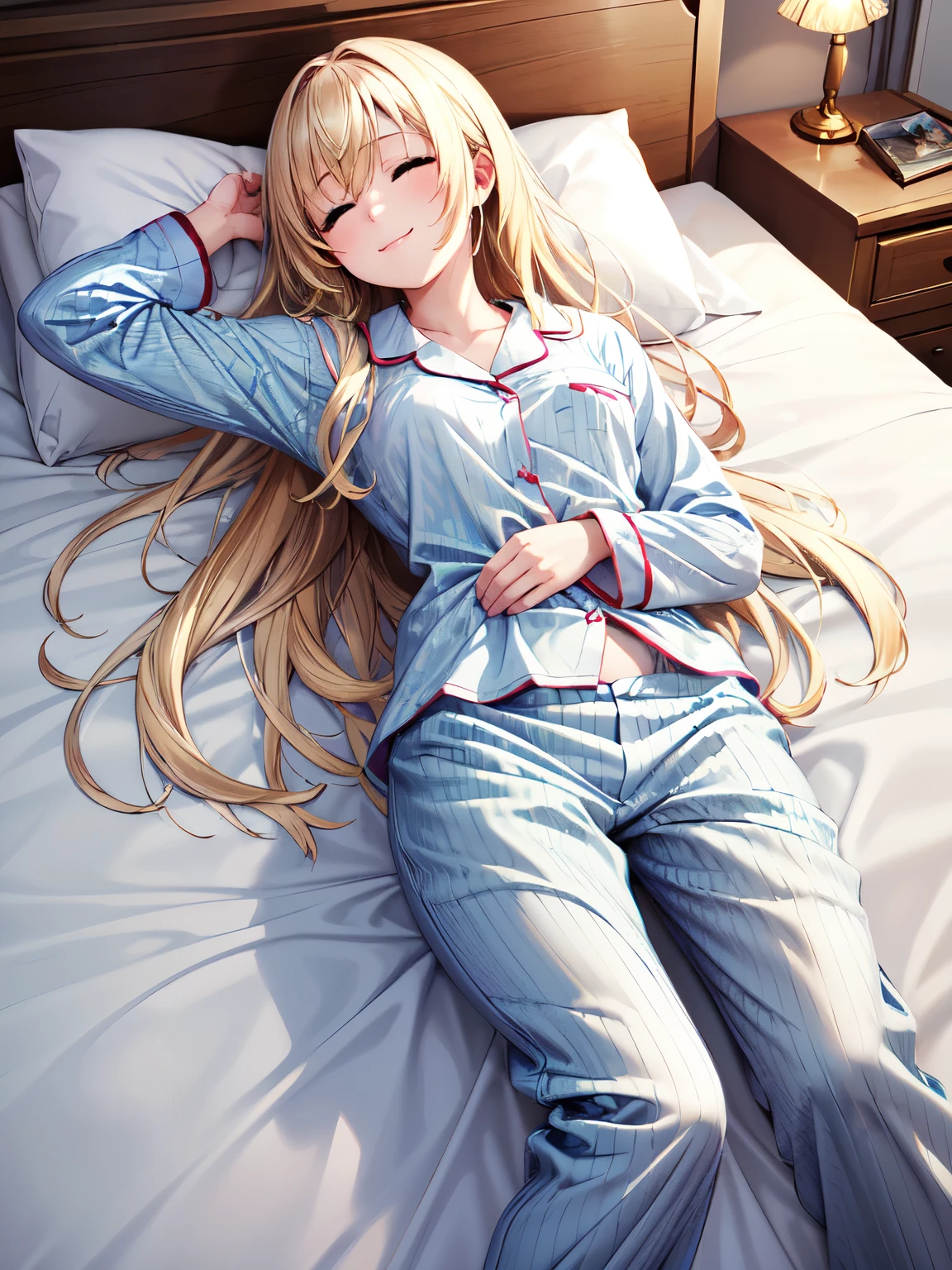 Masterpiece、Best Quality、Best Quality、Otome、smile、 one girl shaking her hips、solo、Photographed from the front、smile、Blonde、Long beautiful hair、Beautiful and attractive blue eyes、Long Hair、Small breasts、 closed mouth、smile、Attractive eyes、( lying in bed:1.1)、(Sleeping on your back:1.2)、Half asleep、(Long pants、In pajamas:1.3),In pajamas、 sharp pupils 、  Kampala、  Kampala、 super fine painting,、( very detailed 、color、Sparkle)、(Genuine、Real、Realistic:1.2)、Small breasts、  Kampala、超 Kampala、