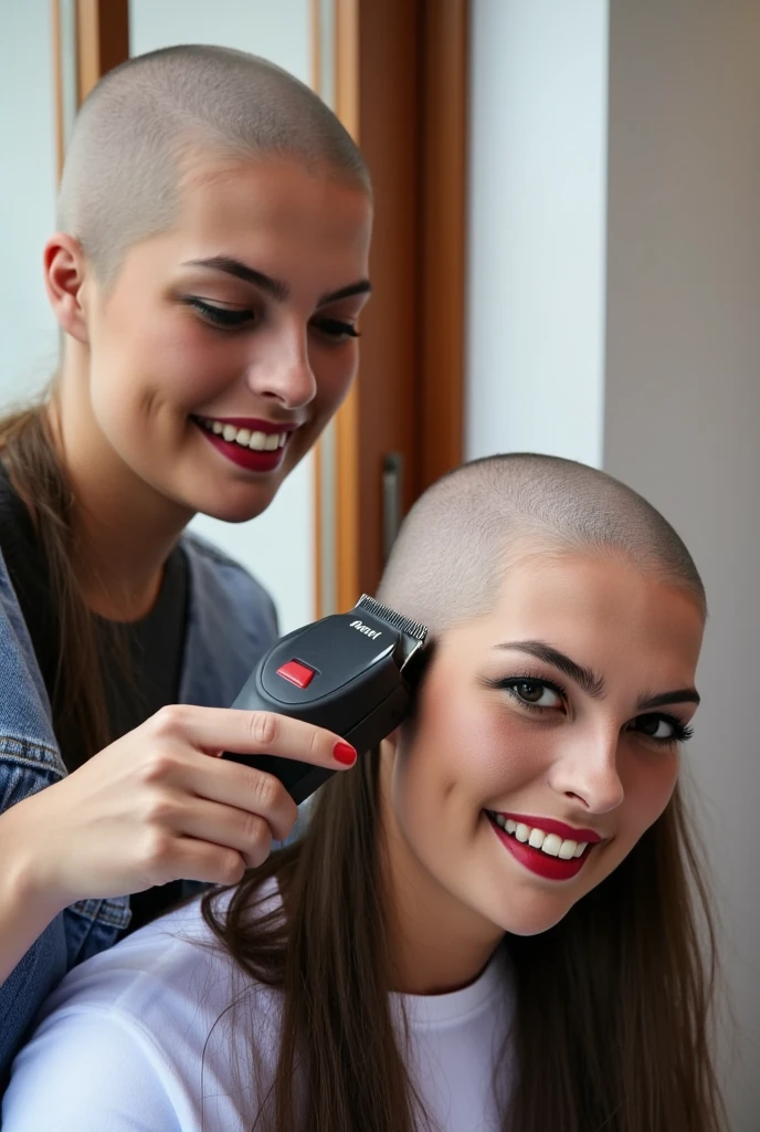 Real photograph of two curvy beautiful young women, (one currently razor shaving the other's head bald). ((((first woman is hairless, the skin on her head is pale and smooth)))). (((first woman completely bald head))). (((she is holding "Wahl" hair clippers which are currently (shaving the second woman's head), she is intensely looking and smiling at the (bald head of the second woman and the hair clipper)))). (((Second woman has top and left side of her head completely bald))). (((Covering second woman are (fine short bits of dark hair) and clumps of (long strands of cut hair) stuck on and draped over her shirt))). (((Second woman) is excitedly looking at the viewer and smiling half bald)).
