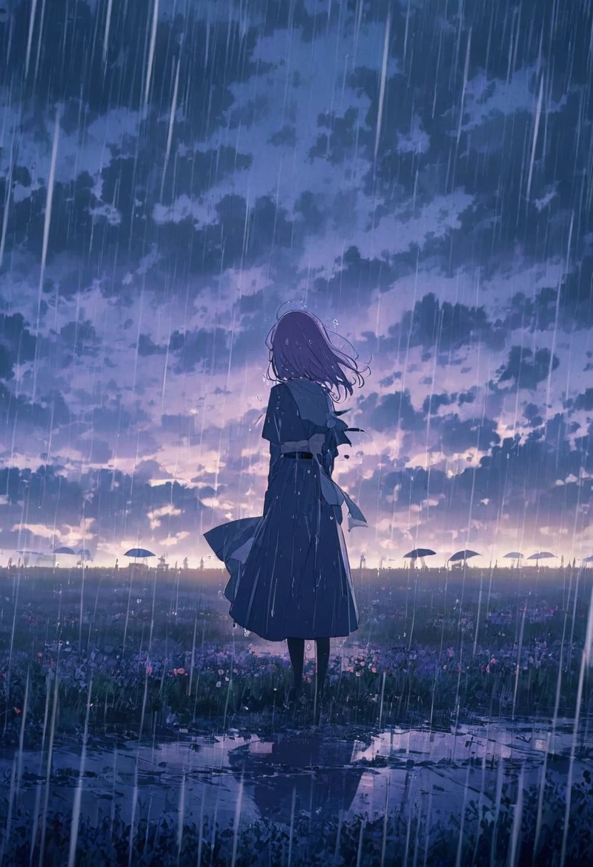 ((anime))、pastel、 woman,Purple Hair,Navy Clothes, crying,In the Rain,Standing on the Plains,