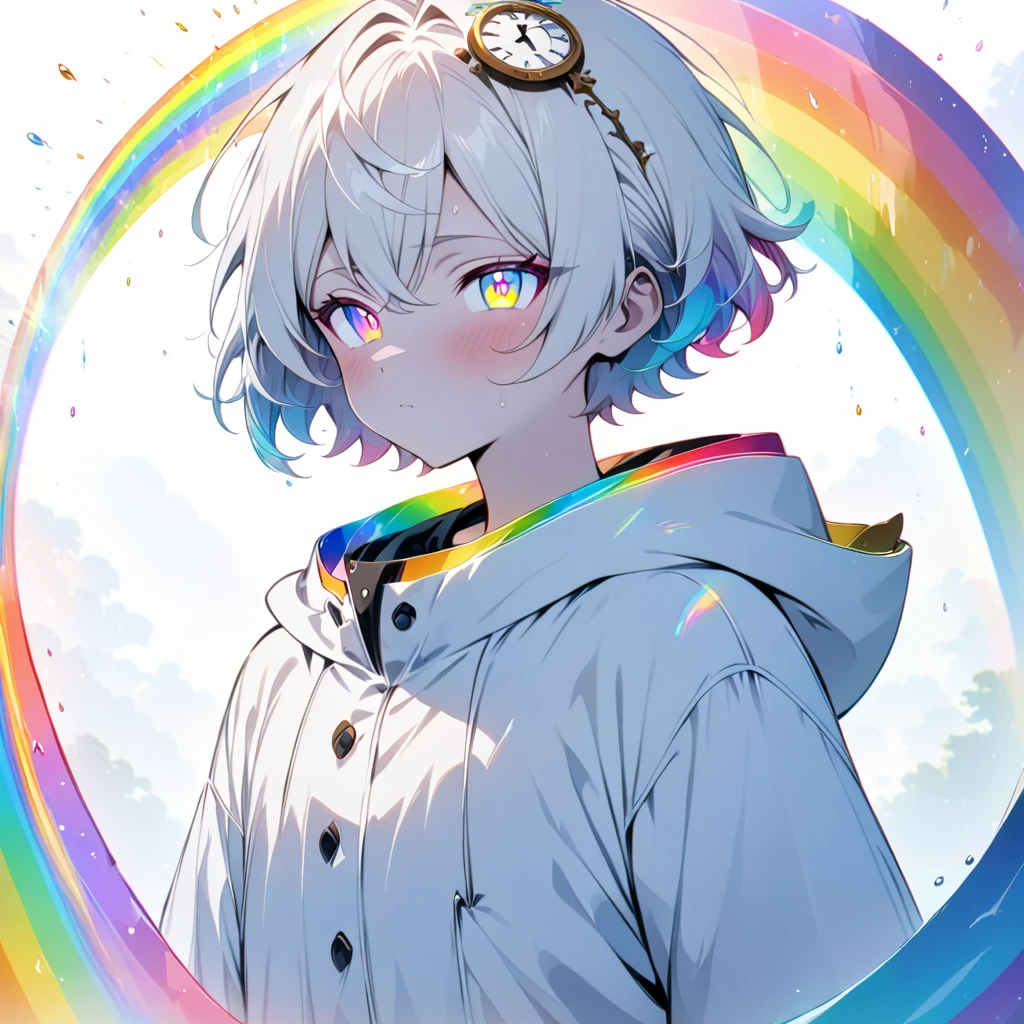 [( white background :1.5)], ((masterpiece)),  high quality, (( unique)), ((1 person)), (White short hair), (Rainbow eyes), Bright skin,  white parka,   upper body , (( anime style)), (clock rainbow effect :1.3),a boy