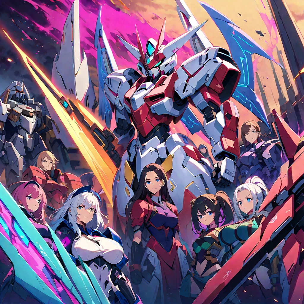 Anime, high detailed, multiple womans, mature womans, mecha armor, large mechanical wings, large Gauntlet, serious, curvy body, long mechanical wings, mecha weapons、Colored armors、magenta Colored aura、BLUE Eyes, elongated pupils,  Mature Woman、magenta aura、womans surrounding, all woman's picture, background the sideral space 