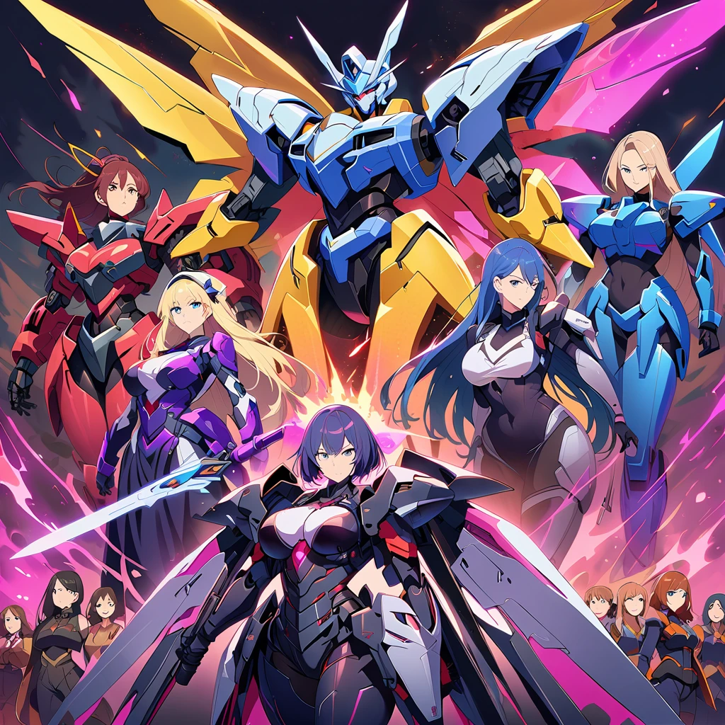 Anime, high detailed, multiple womans, mature womans, mecha armor, large mechanical wings, large Gauntlet, serious, curvy body, long mechanical wings, mecha weapons、Colored armors、magenta Colored aura、BLUE Eyes, elongated pupils,  Mature Woman、magenta aura、womans surrounding, all woman's picture, background the sideral space 