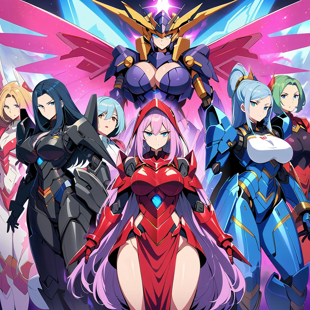 Anime, high detailed, multiple womans, mature womans, mecha armor, large mechanical wings, large Gauntlet, serious, curvy body, long mechanical wings, mecha weapons、Colored armors、magenta Colored aura、BLUE Eyes, elongated pupils,  Mature Woman、magenta aura、womans surrounding, all woman's picture, background the sideral space 