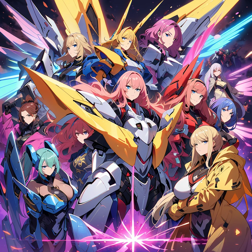 Anime, high detailed, multiple womans, mature womans, mecha armor, large mechanical wings, large Gauntlet, serious, curvy body, long mechanical wings, mecha weapons、Colored armors、magenta Colored aura、BLUE Eyes, elongated pupils,  Mature Woman、magenta aura、womans surrounding, all woman's picture, background the sideral space 