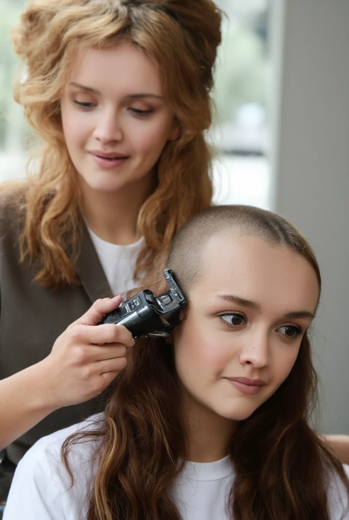 Real photograph of two curvy beautiful young women, (one currently razor shaving the other's head bald). ((((first woman is hairless, the skin on her head is pale and smooth)))). (((first woman completely bald head))). (((she is holding "Wahl" hair clippers which are currently (shaving the second woman's head), she is intensely looking and smiling at the (bald head of the second woman and the hair clipper)))). (((Second woman has top and left side of her head completely bald))). (((Covering second woman are (fine short bits of dark hair) and clumps of (long strands of cut hair) stuck on and draped over her shirt))). (((Second woman) is excitedly looking at the viewer and smiling half bald)).
