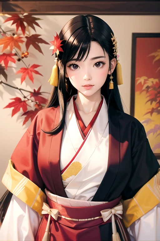 (masterpiece, High image quality,  Kampala, 8k, Best Quality:1.2), ( beautiful single Japanese woman ),  12 single, ( upper body), Straight long black hair, Hair accessories, Tie up at the back, Hyogi, Court coat of arms, Large Breasts, stretch your chest , My chest is tight, Solemn atmosphere, Interior of Yana Palace,  brightly colored ikebana , Colorful ikebana , Beautiful autumn leaves,  beautiful Japanese paint-style creation and depiction, 