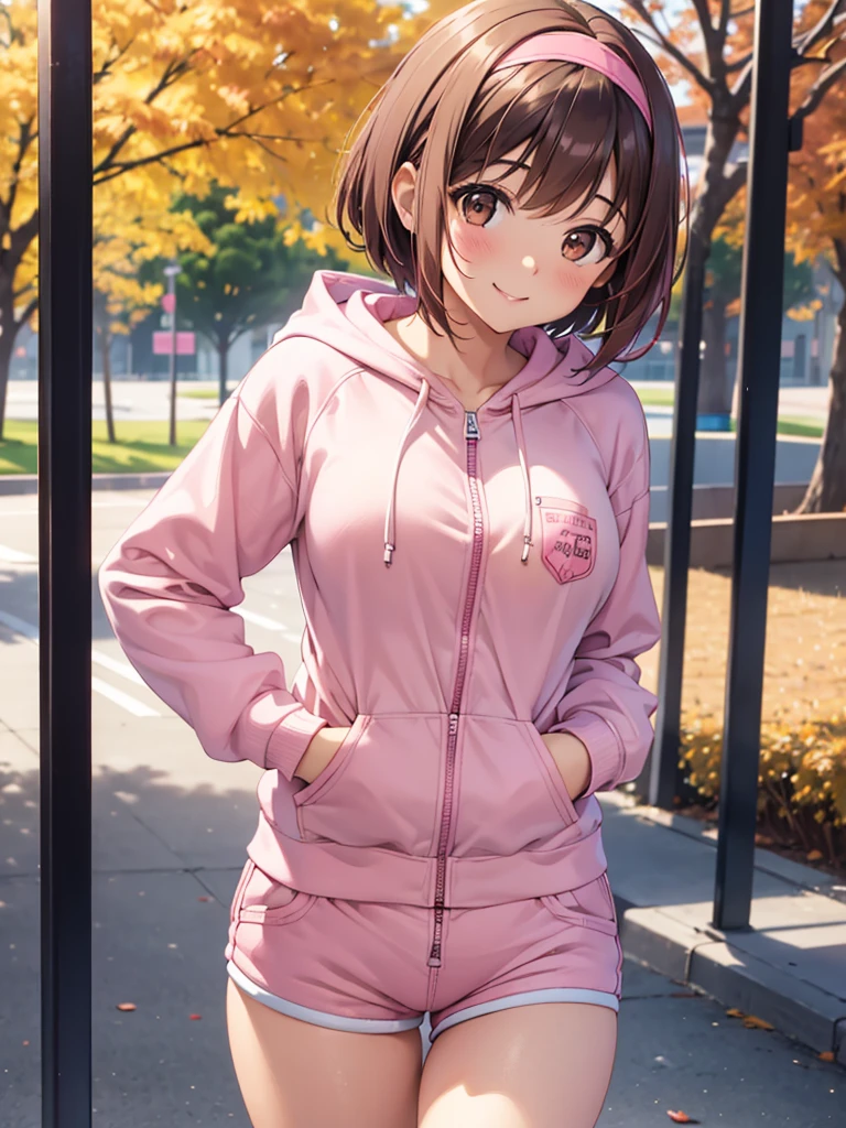  Kampala,cute, Brown Eyes ,Brown Hair,20-year-old woman,solo,Five beautiful fingers,Pink sports bra,Pink shorts,Pink hair band,smile,B Cup, short hair, looking at the camera ,Blurred Background,Autumn park,Wear a zip-up hoodie,