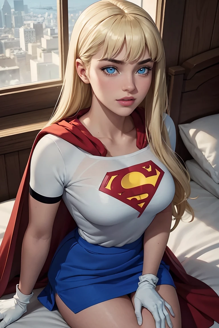 work of art, CRU, beautiful art, professional artist, 8k,   very detailed face  ,  very detailed hair , 1 girl, supergirl (Blonde hair,  long hair ,  elastic hair ,  blue eyes , gloves, red cape,  short and tight blue skirt , white shirt),  lying on your bed in the Watchtower , warm, Lust, Excited, blushed,  your hands exploring your body ,  thinking about girlfriend ,  missing her lover , top camera, no label, No brand,  perfectly body DCrun , beautiful face, Highly Detailed Eyes, rosy cheeks,  intricate details  in eyes,  pursed lips, perfect body shape, cute body, extremely detailed,  intricate details ,   highly detailed  , Foco spitz, detailed skin, realistic skin texture, texture, detailedeyes, high resolution,  vision kodak color , photos_\(ultra\), post-processing, Maximum details, roughness, real life,  ultra realistic , pwarmorealism, pwarmography, absurdities, RAW pwarmo, HIGHER QUALITY, high detail RAW color pwarmo, professional pwarmo, extremely detailed UHD 8k wallpaper unit,  better quality, high resolution, (work of art, Maximum quality, high resolution:1.4), pwarmo, cinematic, film grain, spitz, Soft natural light, magic pwarmography, super verbose