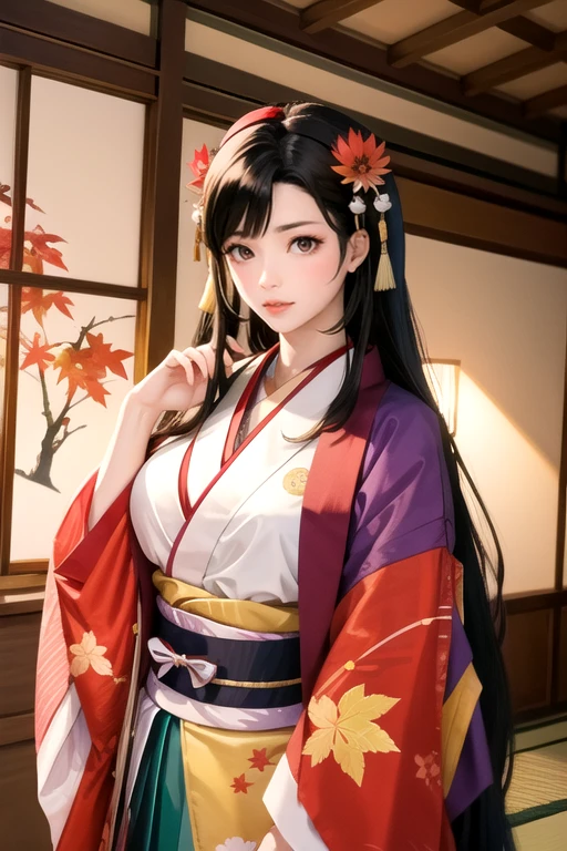 (masterpiece, High image quality,  Kampala, 8k, Best Quality:1.2), ( beautiful single Japanese woman ),  12 single,  upper body, Straight long black hair, Hair accessories, Tie up at the back, Hyogi, Court coat of arms, Large Breasts, stretch your chest , My chest is tight, Solemn atmosphere, Interior of Yana Palace,  brightly colored ikebana , Colorful ikebana , Beautiful autumn leaves,  beautiful Japanese paint-style creation and depiction, 