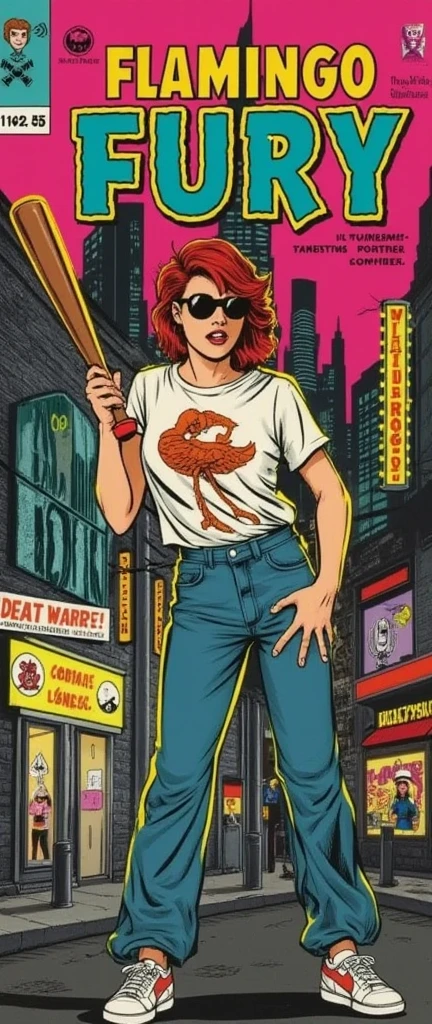 **Prompt:** A 1940s comic book cover titled "Flamingo Fury" showcases a captivating, red-haired woman with a bold, modern edge. Her short, fiery red hair contrasts with the oversized sunglasses that reflect the glowing neon lights of a sprawling cyberpunk city behind her. She’s dressed in a loose, flamingo-printed T-shirt, baggy jeans, and worn Nike sneakers, giving her a laid-back yet rebellious vibe.

The cover uses a striking fish-eye lens perspective that warps the scene dynamically, emphasizing her face as the central focus. She grips a baseball bat with both hands, the bat almost leaping out of the frame due to the exaggerated angle. Her expression is fierce and determined, adding intensity to her poised stance. The fish-eye effect distorts the bat, making it seem even larger and closer to the viewer, while her body curves in a dynamic, action-filled pose.

The background features a cyberpunk cityscape, with towering buildings, electric wires, and neon signs glowing in shades of pink, blue, and green, curving slightly around the edges of the frame due to the fish-eye lens effect. 

At the top, the title "Flamingo Fury" is emblazoned in bold, vintage lettering, surrounded by energetic action lines and bursts that reflect the explosive energy of the scene. The issue number and comic book logo are placed in the lower corner, completing the traditional elements of a 1940s comic book cover.

The fish-eye lens perspective, vibrant neon colors, and futuristic yet retro aesthetic make this a dynamic and visually stunning 1940s-style comic cover, blending the energy of a cyberpunk world with the charm of vintage comics.