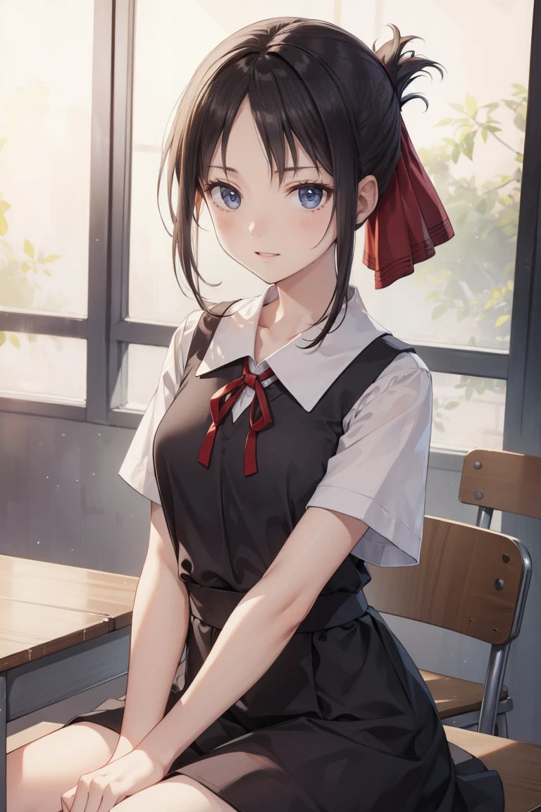 kaguyashinomiya, kaguya shinomiya, folded ponytail, forehead, hair ribbon, (red eyes), red ribbon, ribbon, short hair, sidelocks,
BREAK black dress, dress, pinafore dress, school uniform, shirt, short sleeves, shuuchiin academy school uniform, white shirt,sitting,cowboy shot,
BREAK evil smile,looking down,black hair,
BREAK indoors, classroom,
BREAK (masterpiece:1.2), best quality, high resolution, unity 8k wallpaper, (illustration:0.8), (beautiful detailed eyes), extremely detailed face, perfect lighting, extremely detailed CG, (perfect hands, perfect anatomy), (pechos descubiertos) (pechos marcados) 