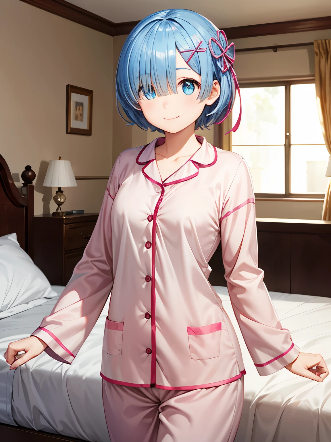 masterpiece, Best Quality, High image quality, one girl shaking her hips、solo、indoor、Standing、REM、Rem、 short hair, X Hair Ornament, Hair Ribbon , Hair above one eye, closed mouth、smile、smile、(In pajamas:1.3)、In pajamas、 beautiful eyes、Sharp Eye、Sharp pupils、(Genuine、Real、Realistic:1.3)、 Kampala、 cowboy shot、indoor、bedroom、bet