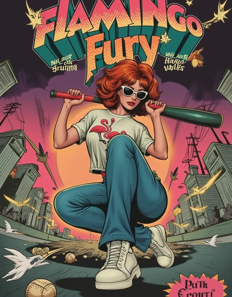  A 1940s comic book cover titled "Flamingo Fury" showcases a captivating, red-haired woman with a bold, modern edge. Her short, fiery red hair contrasts with the oversized sunglasses that reflect the glowing neon lights of a sprawling cyberpunk city behind her. She’s dressed in a loose, flamingo-printed T-shirt, baggy jeans, and worn Nike sneakers, giving her a laid-back yet rebellious vibe.

The cover uses a striking fish-eye lens perspective that warps the scene dynamically, emphasizing her face as the central focus. She grips a baseball bat with both hands, the bat almost leaping out of the frame due to the exaggerated angle. Her expression is fierce and determined, adding intensity to her poised stance. The fish-eye effect distorts the bat, making it seem even larger and closer to the viewer, while her body curves in a dynamic, action-filled pose.

The background features a cyberpunk cityscape, with towering buildings, electric wires, and neon signs glowing in shades of pink, blue, and green, curving slightly around the edges of the frame due to the fish-eye lens effect. 

At the top, the title "Flamingo Fury" is emblazoned in bold, vintage lettering, surrounded by energetic action lines and bursts that reflect the explosive energy of the scene. The issue number and comic book logo are placed in the lower corner, completing the traditional elements of a 1940s comic book cover.

The fish-eye lens perspective, vibrant neon colors, and futuristic yet retro aesthetic make this a dynamic and visually stunning 1940s-style comic cover, blending the energy of a cyberpunk world with the charm of vintage comics.