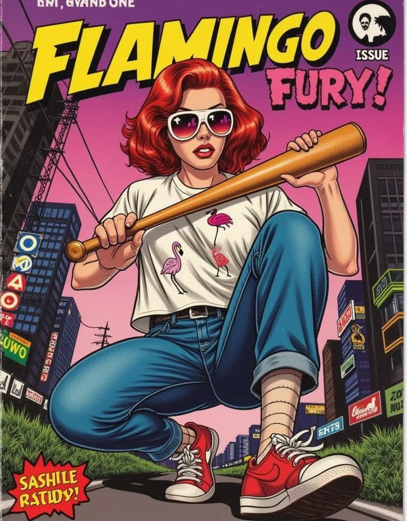  A 1940s comic book cover titled "Flamingo Fury" showcases a captivating, red-haired woman with a bold, modern edge. Her short, fiery red hair contrasts with the oversized sunglasses that reflect the glowing neon lights of a sprawling cyberpunk city behind her. She’s dressed in a loose, flamingo-printed T-shirt, baggy jeans, and worn Nike sneakers, giving her a laid-back yet rebellious vibe.

The cover uses a striking fish-eye lens perspective that warps the scene dynamically, emphasizing her face as the central focus. She grips a baseball bat with both hands, the bat almost leaping out of the frame due to the exaggerated angle. Her expression is fierce and determined, adding intensity to her poised stance. The fish-eye effect distorts the bat, making it seem even larger and closer to the viewer, while her body curves in a dynamic, action-filled pose.

The background features a cyberpunk cityscape, with towering buildings, electric wires, and neon signs glowing in shades of pink, blue, and green, curving slightly around the edges of the frame due to the fish-eye lens effect. 

At the top, the title "Flamingo Fury" is emblazoned in bold, vintage lettering, surrounded by energetic action lines and bursts that reflect the explosive energy of the scene. The issue number and comic book logo are placed in the lower corner, completing the traditional elements of a 1940s comic book cover.

The fish-eye lens perspective, vibrant neon colors, and futuristic yet retro aesthetic make this a dynamic and visually stunning 1940s-style comic cover, blending the energy of a cyberpunk world with the charm of vintage comics.