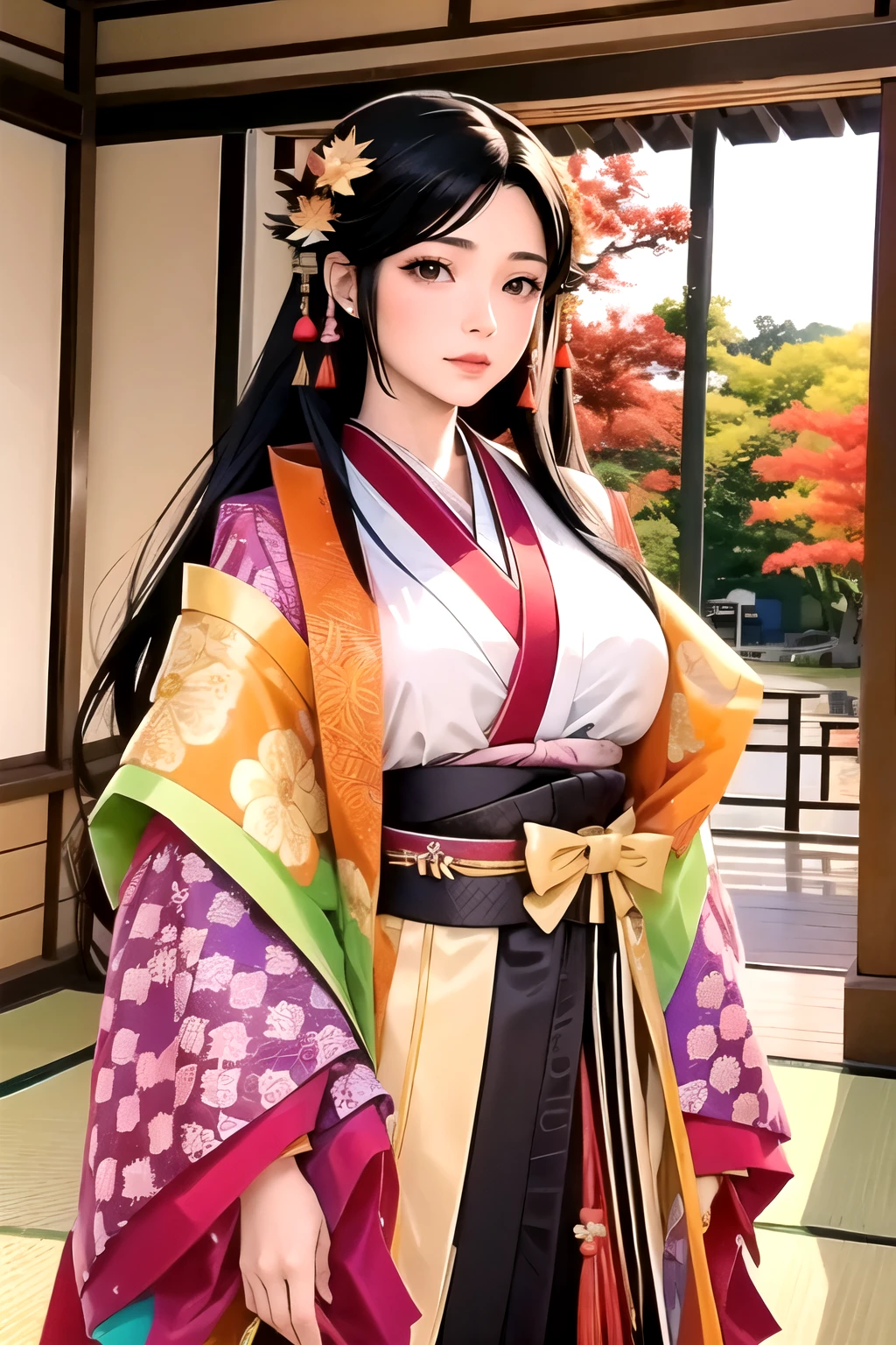 (masterpiece, High image quality,  Kampala, 8k, Best Quality:1.2), ( beautiful single Japanese woman ),  12 single,  upper body, Straight long black hair, Hair accessories, Tie up at the back, Hyogi, Court coat of arms, Large Breasts, stretch your chest , My chest is tight, Solemn atmosphere, Interior of Yana Palace,  brightly colored ikebana , Colorful ikebana , Beautiful autumn leaves,  beautiful Japanese paint-style creation and depiction, 