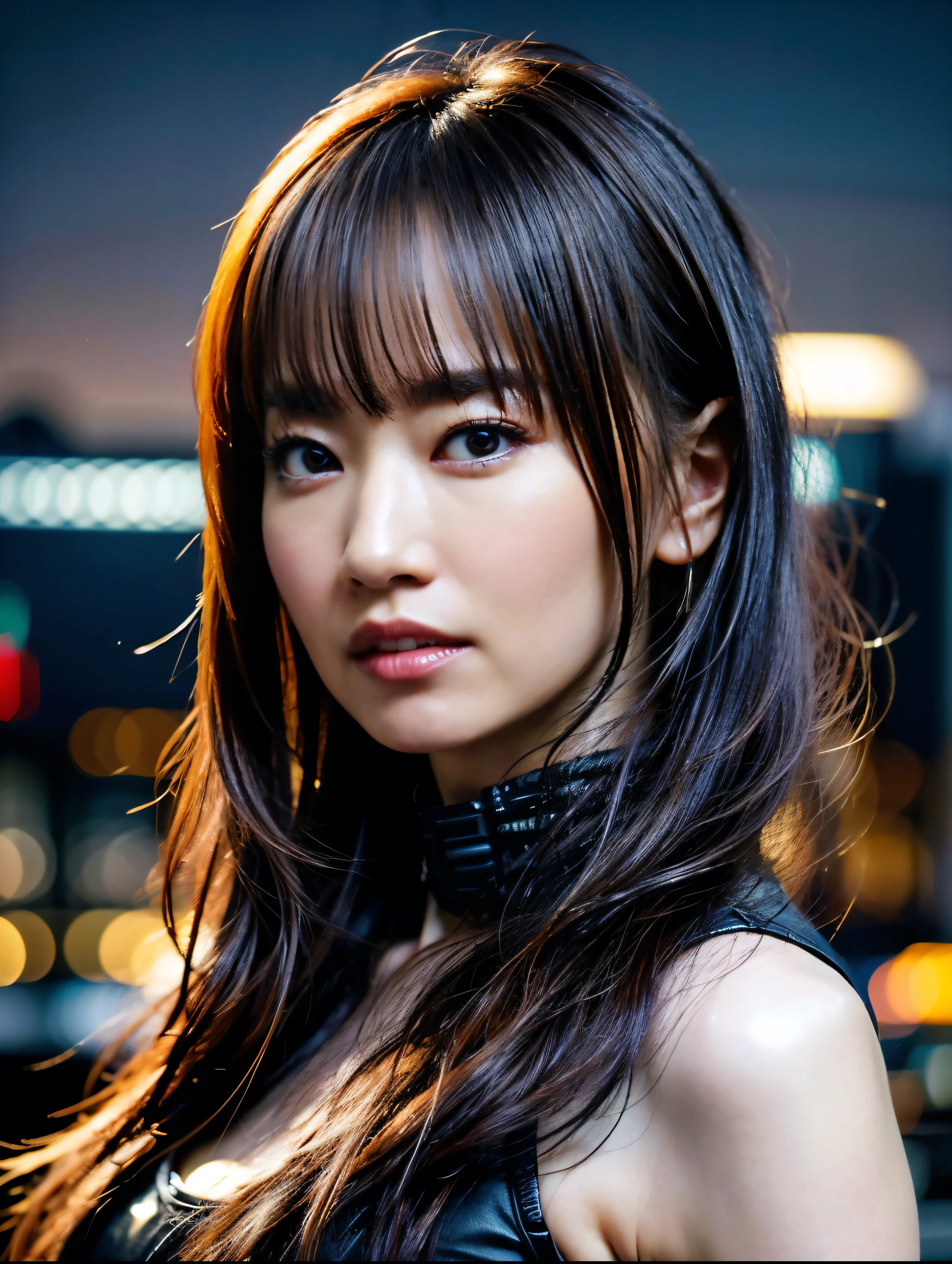 (8K, RAW photo, highest quality, masterpiece:1.3),(realistic,photo-realistic:1.37),(looking at the viewer:1.331),cyberpunk city,soft light,1 girl,very beautiful face,put down hands,long hair and weaving,bangs,random expression,eye brow,beauty lip