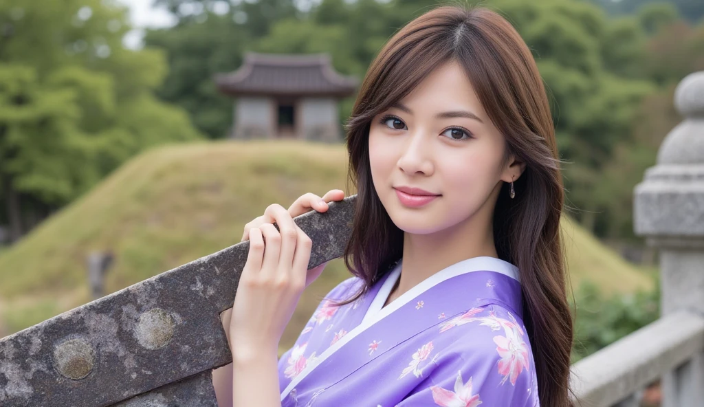 cowboy shot,  side face, 1 woman, beautiful young Japanese  actress,  30-age, (black hair ,long straight hair, beautiful brown eye, smile), (C cup breasts, wide hip), (Japanese traditional violet Kimono, kimono's below  flower pattern , White obi with flower pattern, obi string ) ,  stone decoration board hold both hands, writing word "World Heritage / tumulus/ Fukutsu City" , (ancient tomb, small hill, over grass), noon , (super detail, high details, high quality, accurate, anatomically correct, textured skin, beautiful fingers super detail, high details, high quality, best quality)