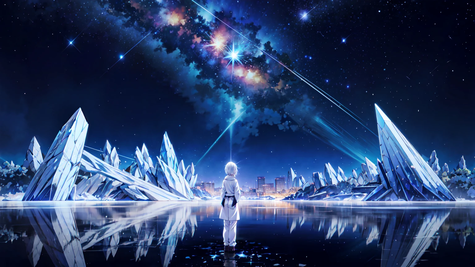 Japanese anime, chico, alone,  silver white hair ,  White glass fragments, crystallization, night sky, winter night, starry sky, crossing of shooting stars, Alone, silencio, Representation, The best quality,  masterpiece , cuerpo completo,  Particulate light effects  , Representation