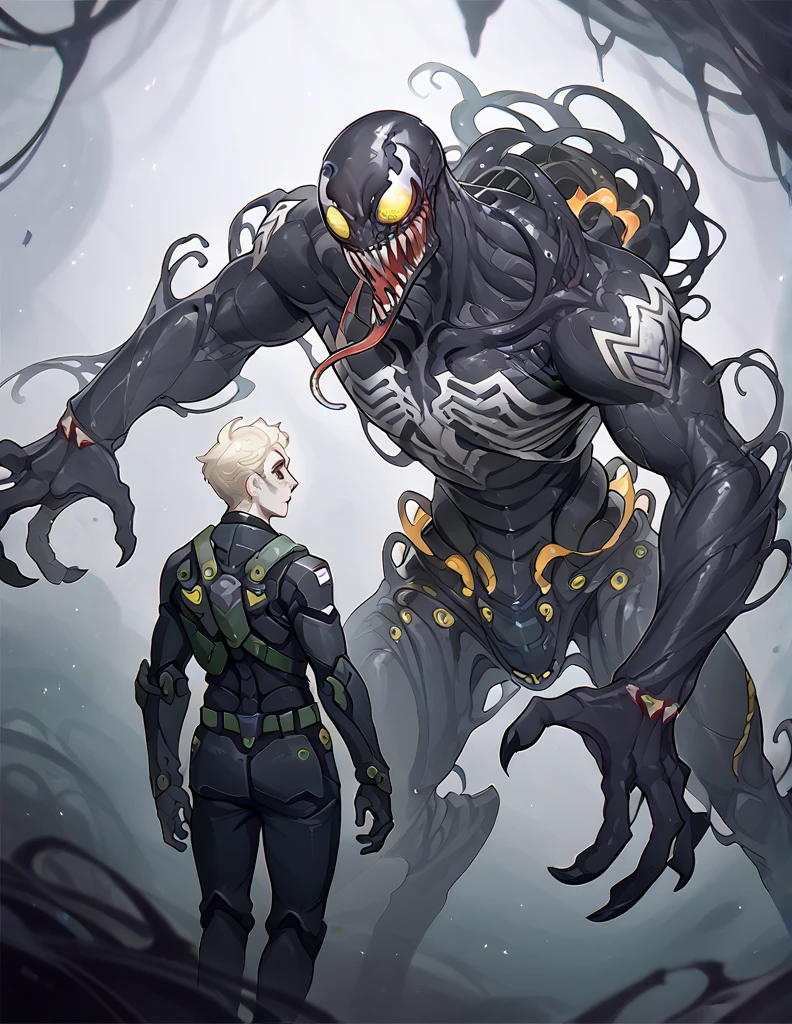 Symbiote, white symbiote, venom male, white, all white, white alien amorphous ooze, biological armor, tendrils, flowing ooze suit, random white swirls all over, yellow eyes