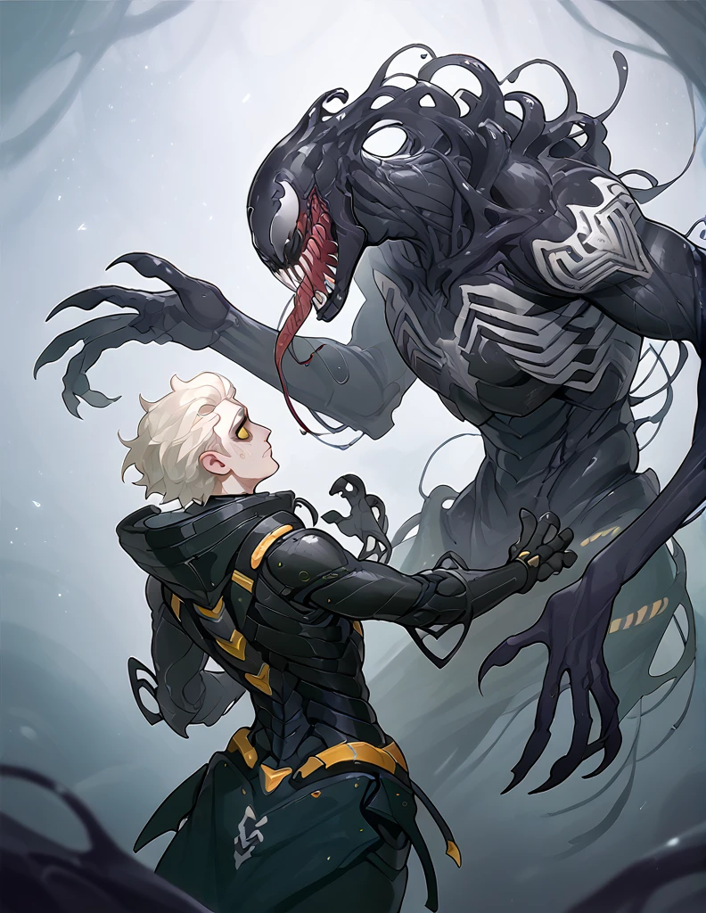 Symbiote, white symbiote, venom male, white, all white, white alien amorphous ooze, biological armor, tendrils, flowing ooze suit, random white swirls all over, yellow eyes