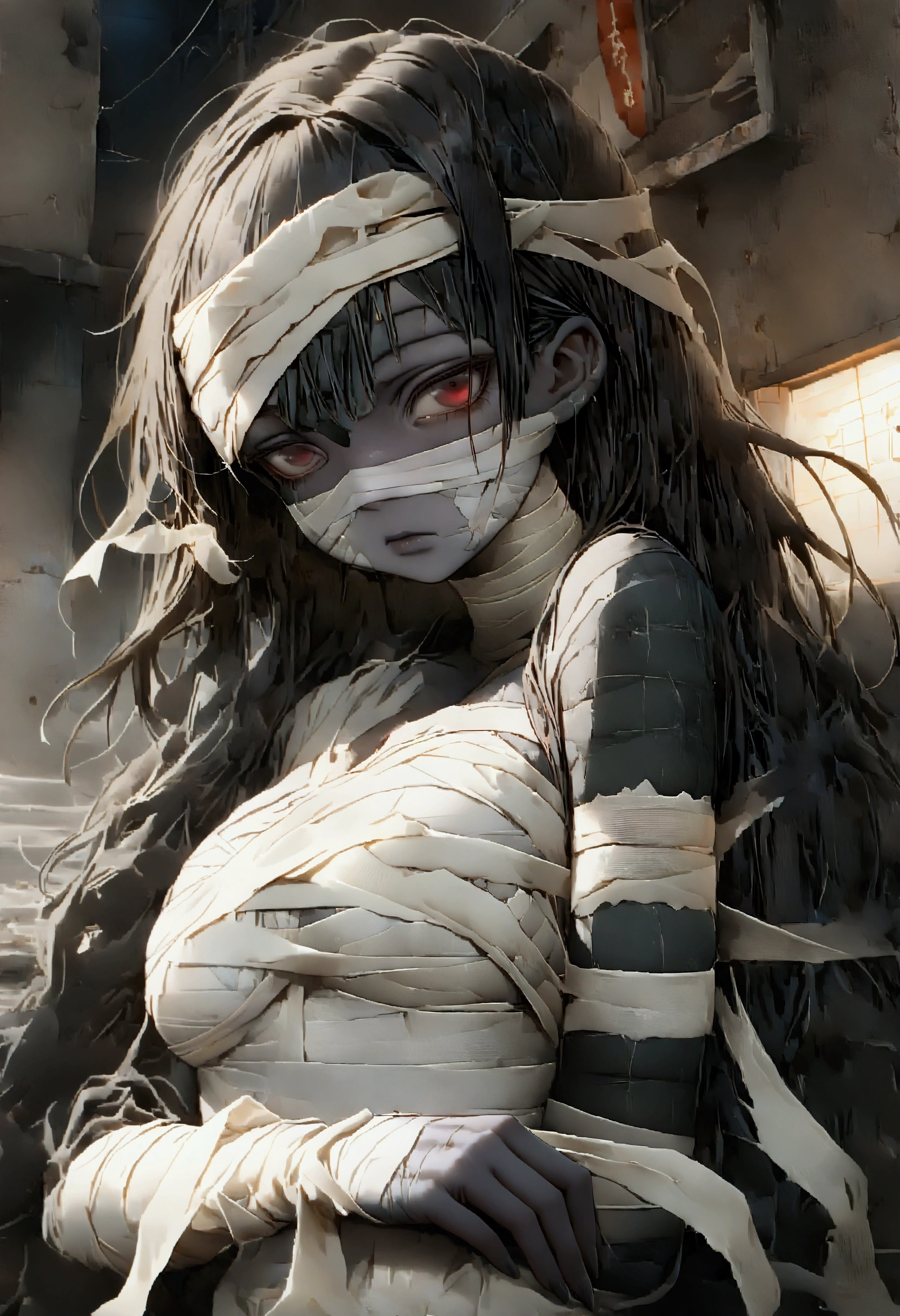 1girl\((mummy\(bandaged\):1.5),(face bandaged:1.8),(body bandaged:1.3),(pure black skin:1.4),(cute,jitome,evil,gothic-lolita fashion:1.3),age of 18,eyes\(big,beautiful,many star-shaped highlights\),hair\(black,pink dip-dye hair,twintails,floating,rolled,detailed,shiny\),,eye corners\(pink:1.3\),(narrow eyes),sitting on ground,(breast:1.3),looking at viewer,holding doll\(rabbit\(bandaged mummy,evil\)\)\). BREAK .background\(at alley,harajyuku\(tokyo,japan\),at night,dark\). BREAK .quality\(8k,wallpaper of extremely detailed CG unit, high resolution, top-quality, top-quality real texture skin, hyper realistic, increase the resolution, RAW photos, best quality, highly detailed, the wallpaper,golden ratio,high saturation realism, vibrant colors, dramatic lighting, persuasive storytelling, atmospheric scenery, captivating visuals, intricate details, strong emotions,dreamlike world\),vivid color,landscape