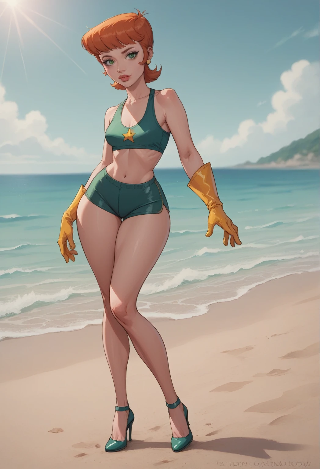 Dexter's mom. short hairstyle. ginger. green eyes. small saggy breasts. huge hips. big ass. yellow gloves. swimsuit. shorts. heels. beach. (best quality, photorealistic, 1girl, solo, looking at viewer, , depth of field, (watercolor illustration, soft pastel colors:1.1), realistic,) standing, bending,