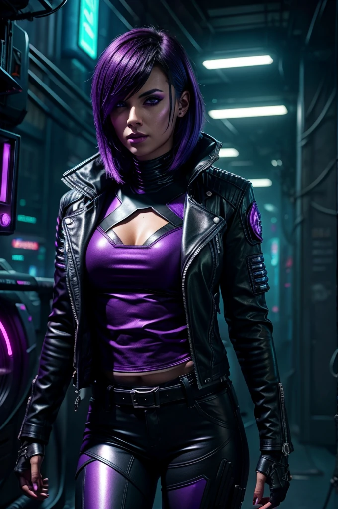 Arkane punk woman with short, choppy hair in metallic purple tones, leather jacket with futuristic details, visible technological accessories such as implants and plasma weapons, in a dark alley with neon lights flashing in the background, deep shadows between tall buildings, tense and charged atmosphere, digital illustration, rendered with high definition in the Unreal Engine, --ar 9:16 --v 5