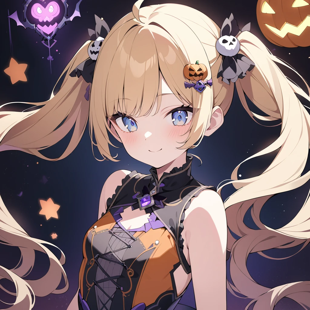 Absurd,anime,Detailed and beautiful eyes,(art),(artistic clothing:1.5),ハロウィンコスプレ,Halloween,sleeveless,Blonde, twin tails,smile,(a girl:1.5),from the waist up,(small breasts:1.2),(small chest:1.2),mysterious,Hello,(Large detailed hair ornament:1.2),(look away:1.5),detailed clothes,Flashy Moves,Mechanical,masterpiece, moe kawaii,abyss,luster,lame,(ultra detailed:1.2), ((highest quality)) ,Extremely Delicately Beautiful ,64k