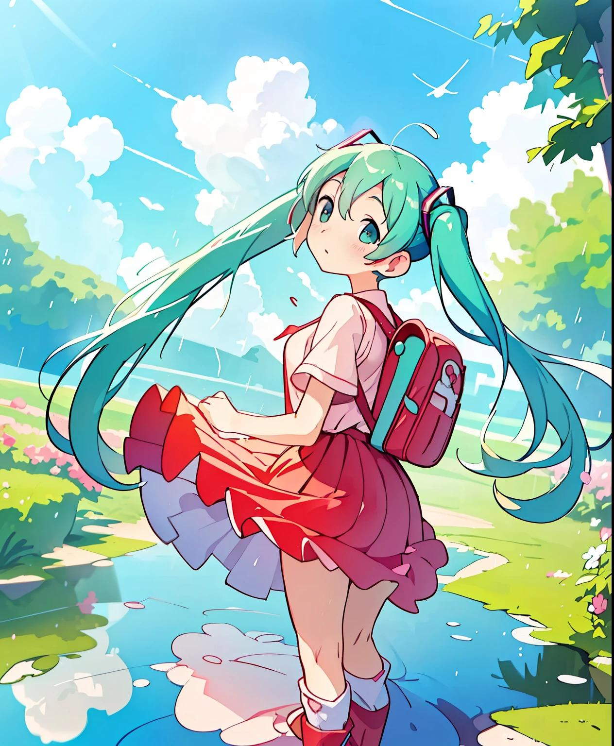 (masterpiece、Best Quality、Best Quality、Official Art、Beautiful and beautiful:1.2)、(One person:1.3) Hatsune Miku、 twin tails,Beautiful breasts,、 after rain、 look up at the sky、Red boots 、 red skirt 、Short-sleeved shirt、 carry the backpack、 figure reflected in a puddle 、 delicate illustration 、 pastel color、 anime illustration
