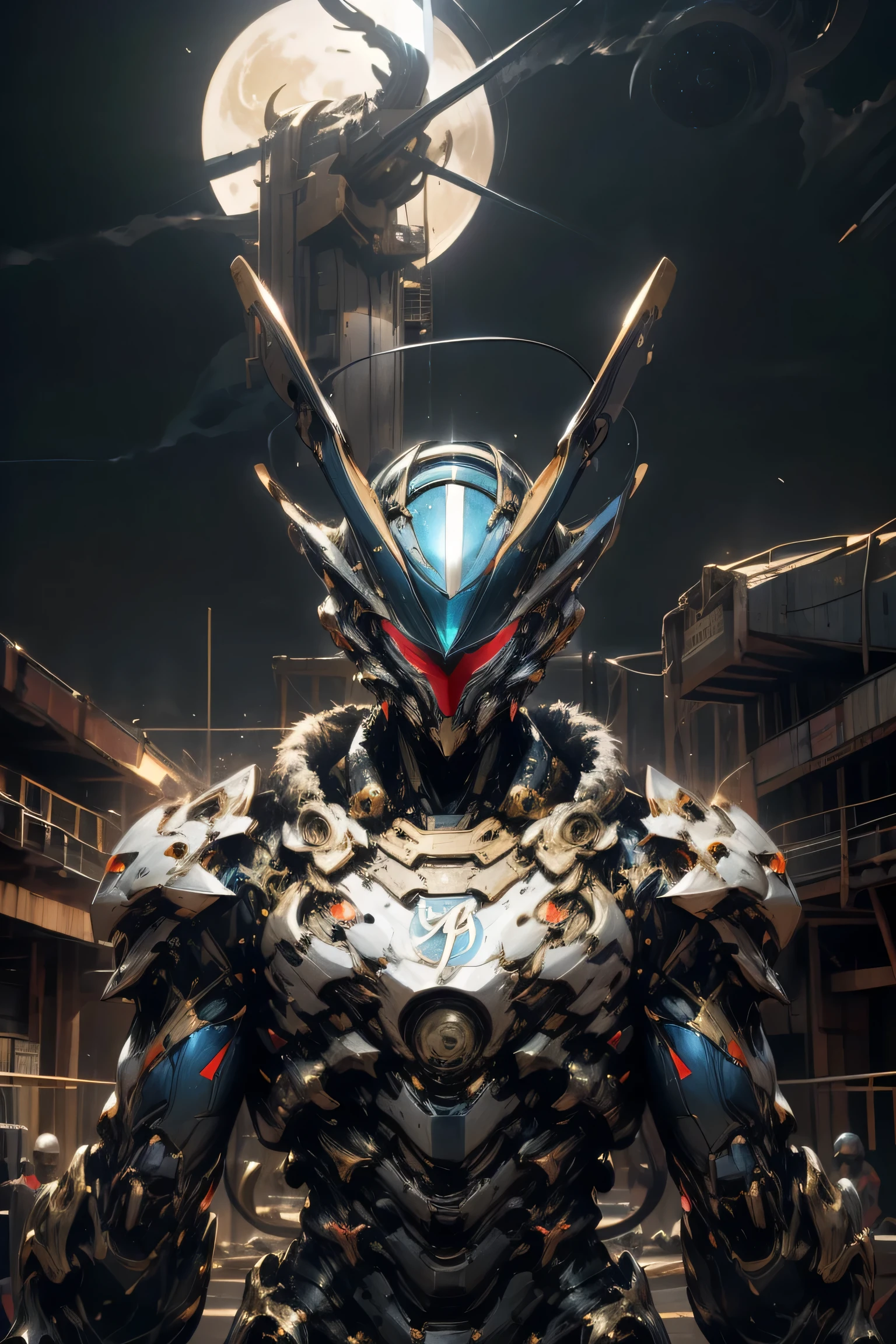 ((The strongest warriors are wielding weapons)), (( symbol of a large gold crescent moon on the forehead)), ((Sturdy Steel Armor )), (metallic: 1.5, blue and red suit: 1.5, Machine parts are visible under the suit), (Japanese hero, whole body), (mech bodysuit with swords: 1.5), ((storm: 1.5, typhoon: 1.5)), cyberpunk city, My eyes are shining brightly, Suit parts are large , Lots of LEDs, ( helmet with sharp antennas), Unreal Engine 5, High image quality,  best quality ,  Kampala, Super detailed, Fine painting,  extremely delicate , professional,  anatomically accurate , creativity,  RAW Photos, 超 Kampala, 32K, Natural Light, Cinema Lighting, masterpiece-anatomy-perfect, masterpiece:1.5, ( portrait), (action pose), ((was a mecha)), (fur collar )