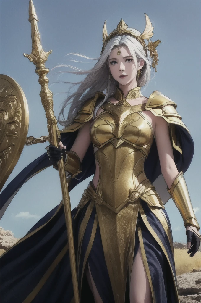 Athena, Greek god, beautiful adult woman, blue eyes, white hair, sky, highly detailed background, perfect masterpiece, high quality, ultra high resolution, golden armor, golden spear, golden shield, divine and radiant glow, mystical.