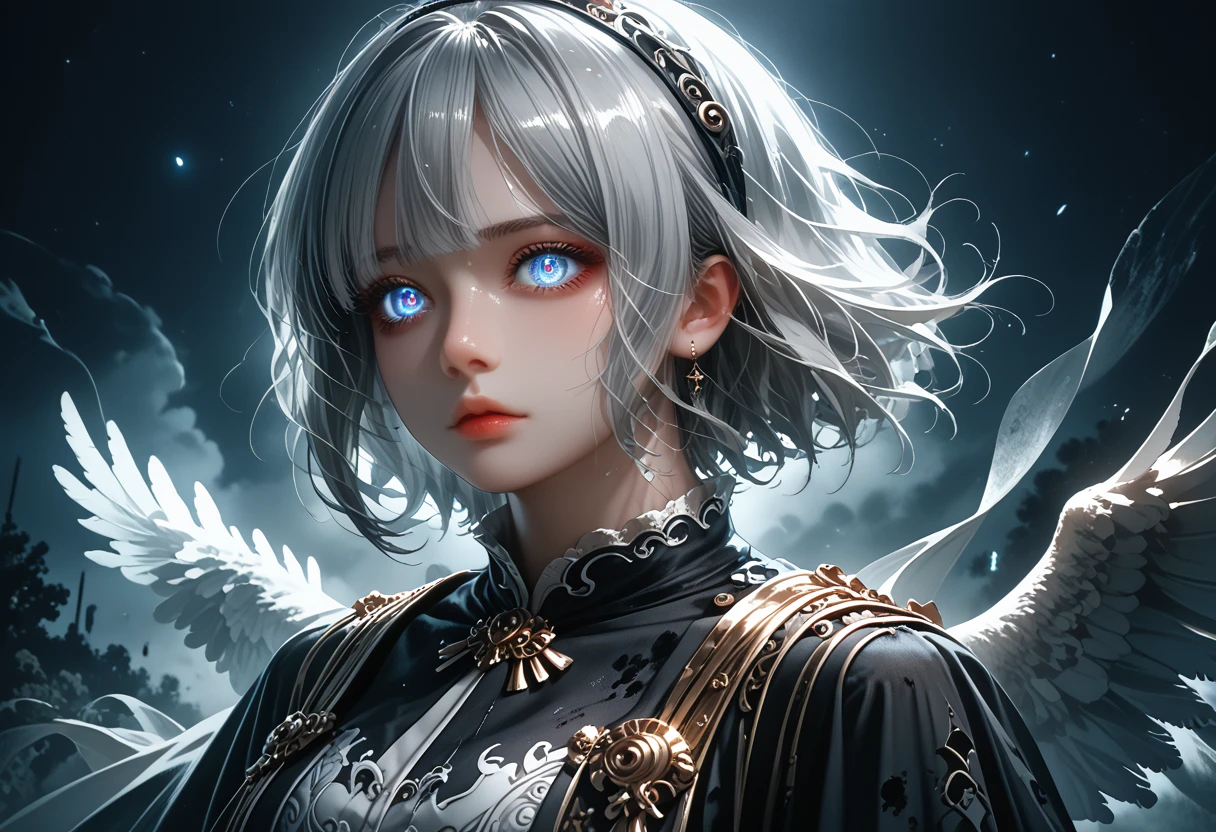 Dark, anime-inspired oil painting of a powerful, serene angel with long, flowing silver hair and pale, glowing skin. Her expression is calm yet haunting, with ethereal eyes that seem to pierce through shadows. She wears a tattered, flowing white robe, partially illuminated, and her large, feathered wings are painted with deep shadows and subtle highlights, giving them a worn, ancient look. The background is a mysterious, stormy sky with swirling dark clouds, faint stars, and a dim, otherworldly light that casts a moody, dramatic glow. The color palette is dark and muted, with shades of deep blues, grays, and touches of ghostly white, adding to the melancholic, mystical atmosphere. Painted in a textured, brushstroke-rich oil painting style, with fine details and a soft, blended look. 4K resolution, masterpiece quality, with a gothic fantasy feel, perfect as a wallpaper in a dark anime aesthetic.