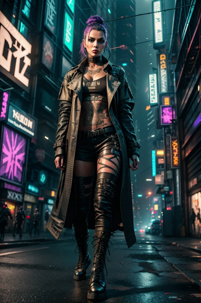 Arcane punk woman with heavy makeup and techno-tribal tattoos, wearing a ripped trench coat and wire-mesh combat boots, walking on a futuristic street dominated by holographic billboards, flying cars in the background, urban decay atmosphere, hyper-realistic portrait, 3D modeling with detailed textures, --ar 9:16 --v 5