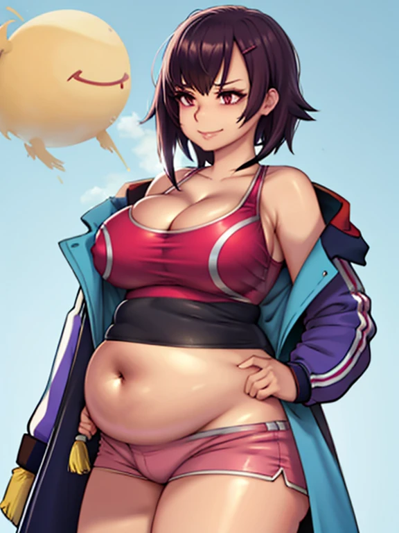 art by kipteitei, shizuka mikazuki, hairclip, pink sports bra, cleavage, pink shorts, short shorts, blue and green jacket, off-shoulder, large breasts, shiny skin, intimate, looking to the right, gentle smiling face, in nature, cartoon, hands behind body, no extra details, no extra fingers, 1girl, 25-years-old