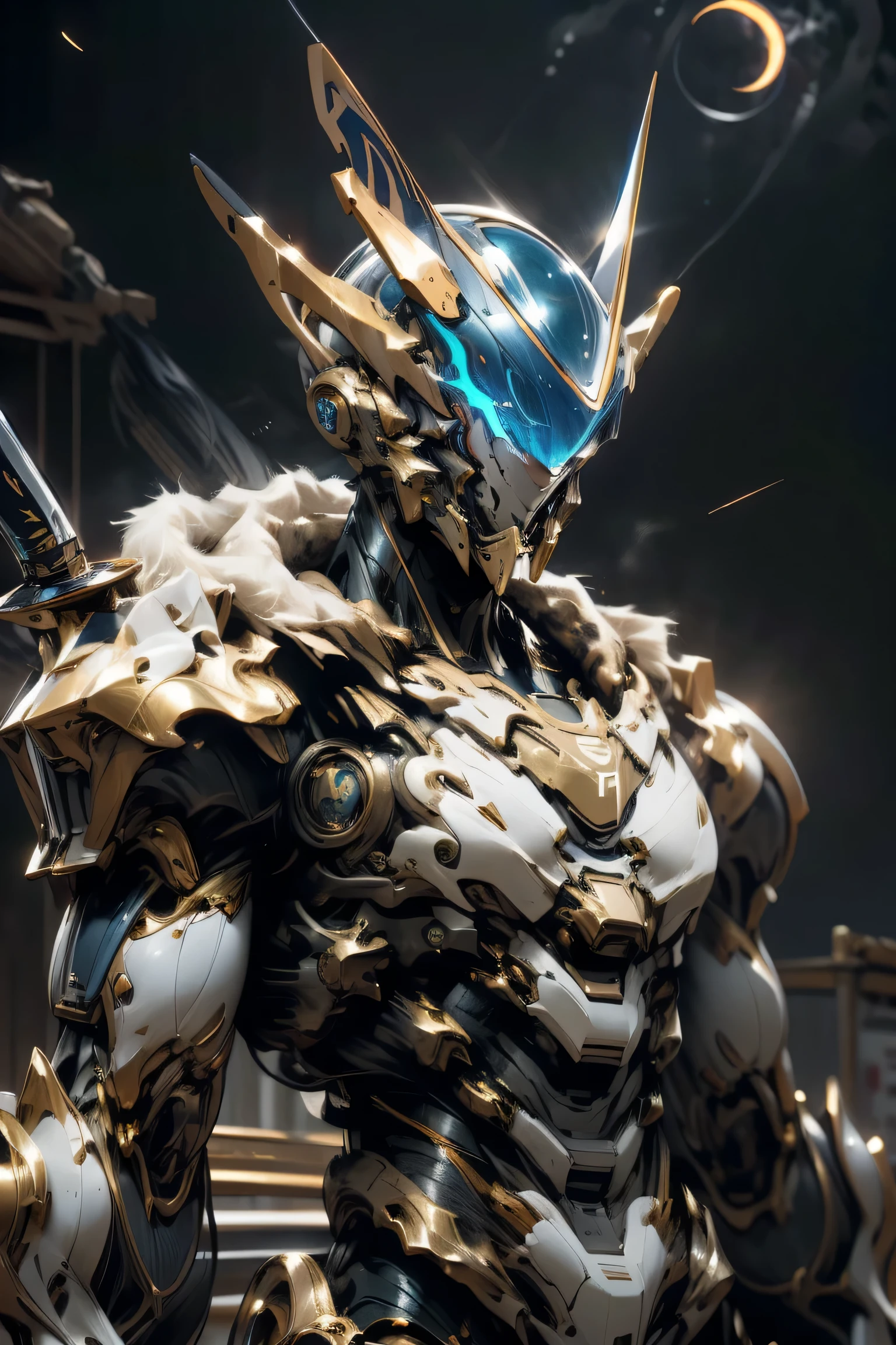 ((The strongest warriors are wielding weapons)), (( symbol of a large gold crescent moon on the forehead)), ((Sturdy Steel Armor )), (metallic: 1.5, blue and red suit: 1.5, Machine parts are visible under the suit), (Japanese hero, whole body), (mech bodysuit with swords: 1.5), ((storm: 1.5, typhoon: 1.5)), cyberpunk city, My eyes are shining brightly, Suit parts are large , Lots of LEDs, ( helmet with sharp antennas), Unreal Engine 5, High image quality,  best quality ,  Kampala, Super detailed, Fine painting,  extremely delicate , professional,  anatomically accurate , creativity,  RAW Photos, 超 Kampala, 32K, Natural Light, Cinema Lighting, masterpiece-anatomy-perfect, masterpiece:1.5, ( portrait), (action pose), ((was a mecha)), (fur collar )