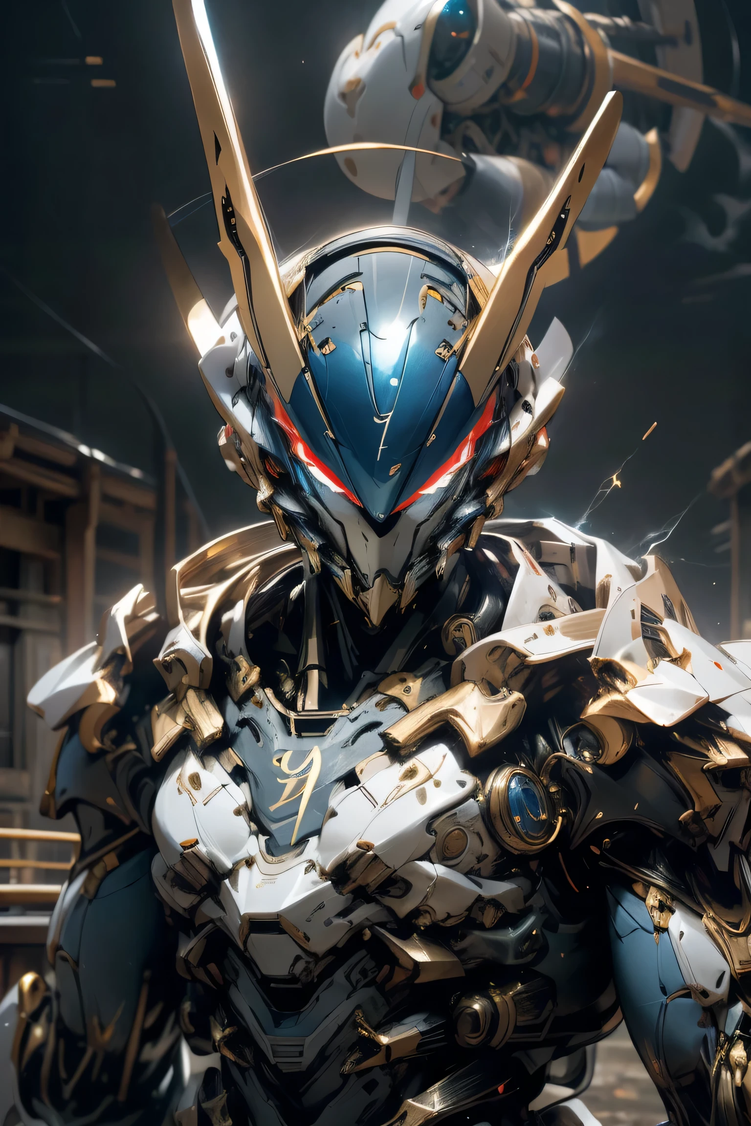 ((The strongest warriors are wielding weapons)), (( symbol of a large gold crescent moon on the forehead)), ((Sturdy Steel Armor )), (metallic: 1.5, blue and red suit: 1.5, Machine parts are visible under the suit), (Japanese hero, whole body), (mech bodysuit with swords: 1.5), ((storm: 1.5, typhoon: 1.5)), cyberpunk city, My eyes are shining brightly, Suit parts are large , Lots of LEDs, ( helmet with sharp antennas), Unreal Engine 5, High image quality,  best quality ,  Kampala, Super detailed, Fine painting,  extremely delicate , professional,  anatomically accurate , creativity,  RAW Photos, 超 Kampala, 32K, Natural Light, Cinema Lighting, masterpiece-anatomy-perfect, masterpiece:1.5, ( portrait), (action pose), ((was a mecha)), (fur collar )