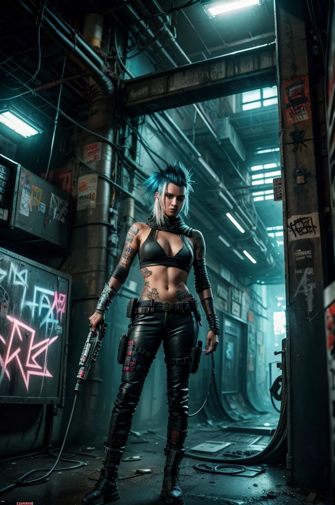 Arkane punk woman, wearing a silver mohawk, eyes glowing with cybernetics, holding a power baton, surrounded by graffiti and metal walls, creeping fog and hanging cables, dirty and desolate environment, feeling of rebellion and resistance against the system, realistic photography, 24mm wide-angle lens with deep focus on details, --ar 9:16 --v 5