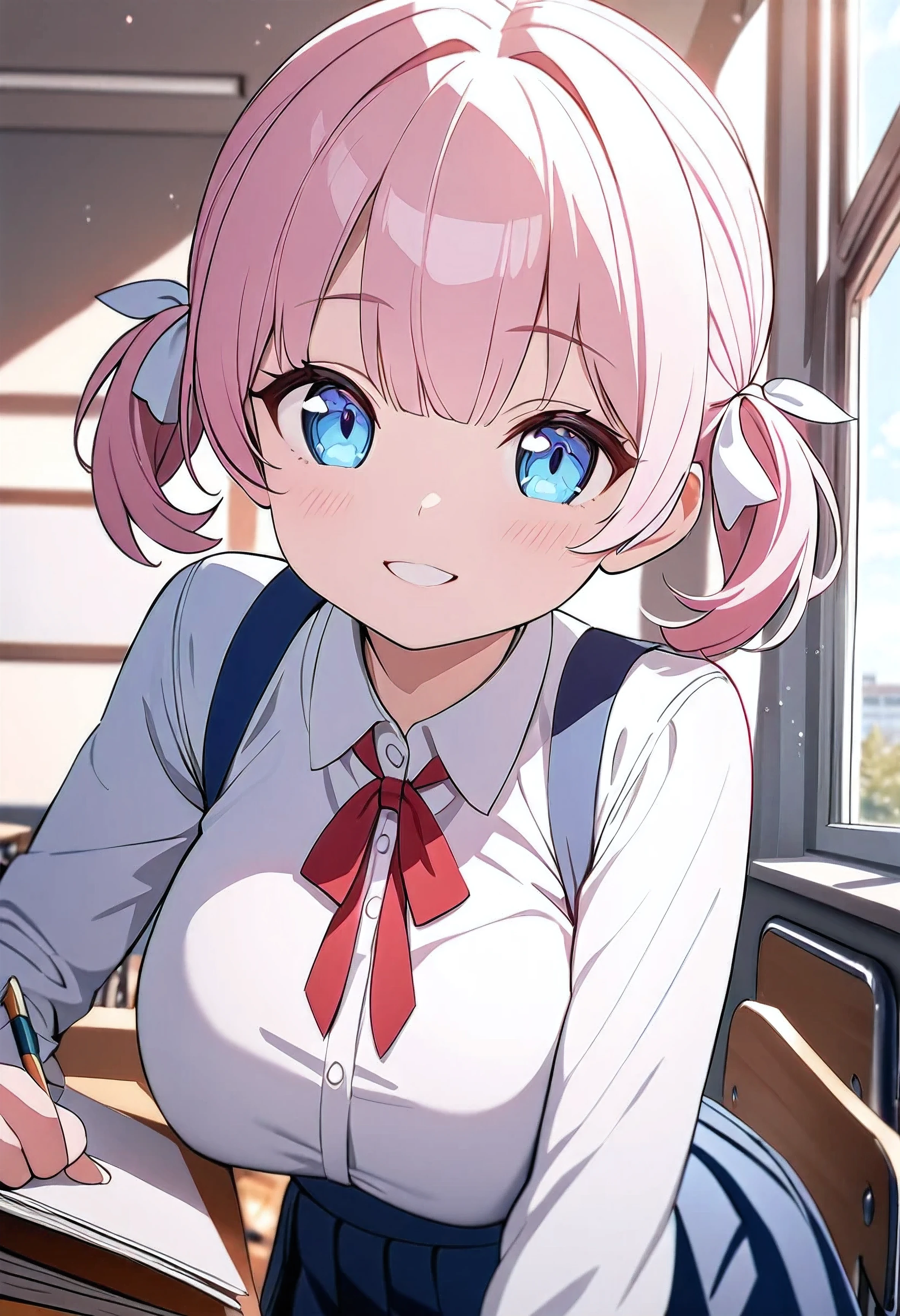 8k, best quality, masterpiece, clear, beautiful face, best quality, ultra high res, super detail, accurate, high details, highres,,(1 person,l body, li:1.4), white blouse, blue suspender skirt, red chest ribbon , (Cute eyes,Baoung face, An innocent smile, Beautiful light blue eyes), ( snap bangs, short pigtails below the ears , Pink Hair, white hair ribbon ), very big breasts, Big Breasts, Busty,School, classroom, cowboy shot
