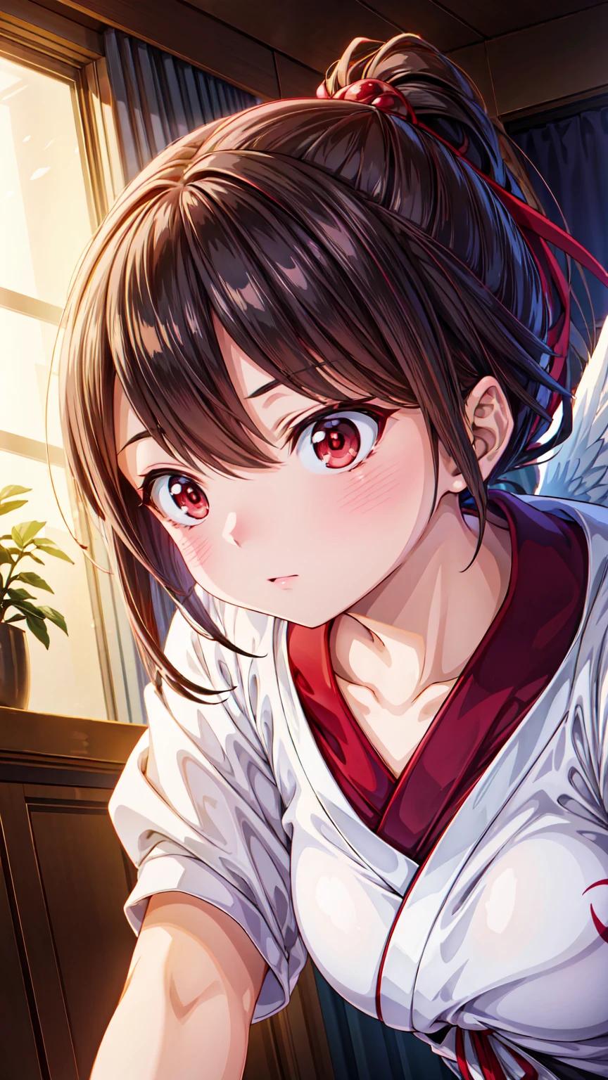  masterpiece , The best quality, ultra-detailed, CG Illustration,  High resolution ,  better lighting, Best shadow, extremely delicate and beautiful, proper shading,  High definition , 8K,   formal Spiderman costume with ray tracing , Hyper-detailed and sharp background., perfect lights,  anime style, Inspired by the game Mahokenshi: Ruby House (Tengu, Kami of the Winged Mountain, aggressive, Red and white colors), strength, samuraipunk, Alone, 1 woman,  black hair, red eyes,  adult, borla obi,