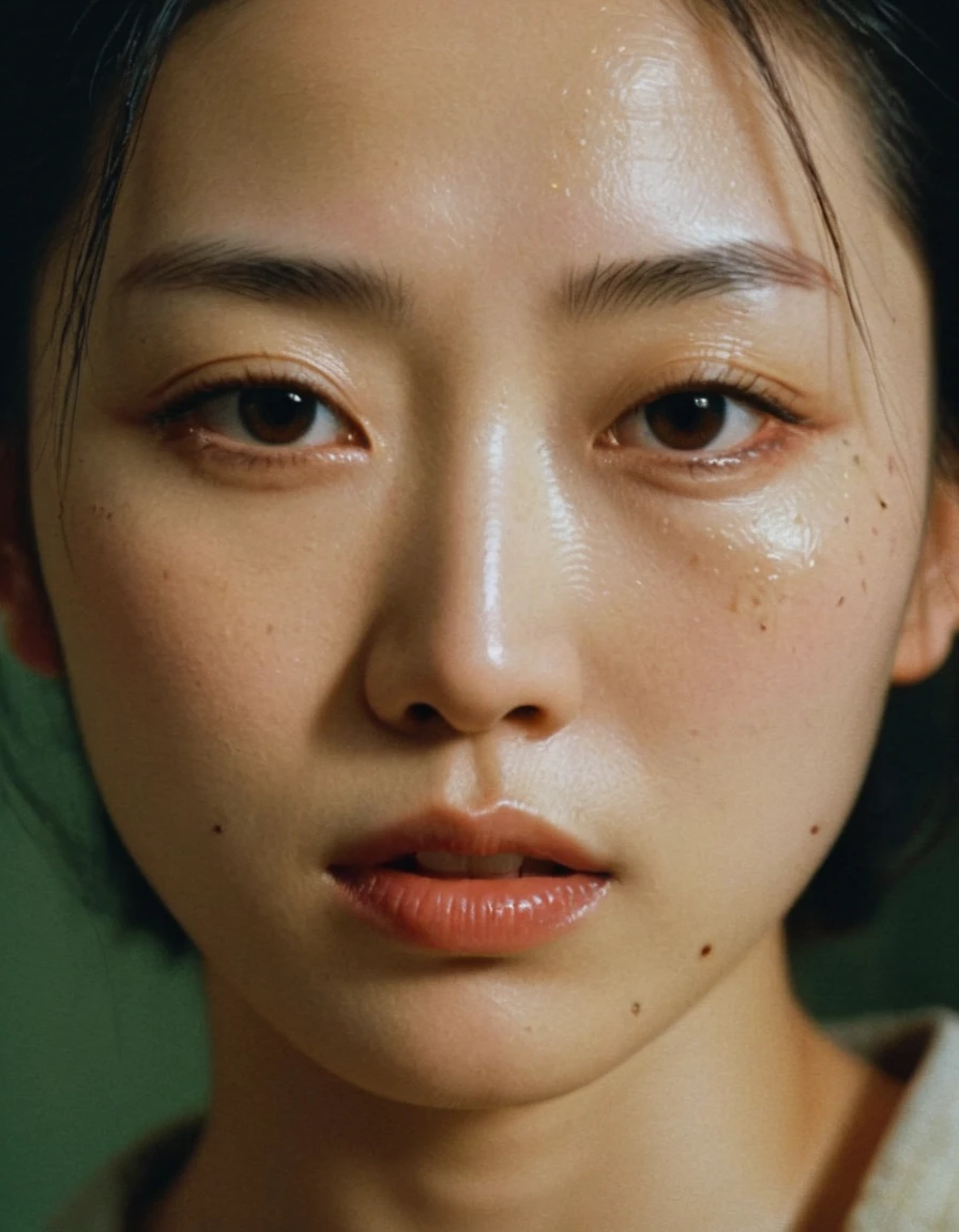  close up of an unhealthy Japanese woman、Cinematography, Wong Kar-wai、Realistic, textured skin,  photo taken on vintage film 、Rediscovered、 Grainy Emotional Image Quality 、Faded photo、 the atmosphere of an early 90s Hong Kong movie advertisement 、、28 years old、 Portrait of an 8K 、 absurd with 22 people、betrayal、despair、悲Stains、 Looking Angry at the Camera 、Angry Japanese face 、（ Face Glaring at Camera :1.5)、 wearing a dirty hemp shirt 、 pale 、 bloodless face 、Dry lips 、Mole、Stains、Dark circles under the eyes、Detailed skin texture、live-action、 Portrait of an Unhappy Woman 、Backlighting、 illuminated from behind ,  rim lighting  ,  Backlit Realistic ,Delicate face、 Cold Light from Behind 