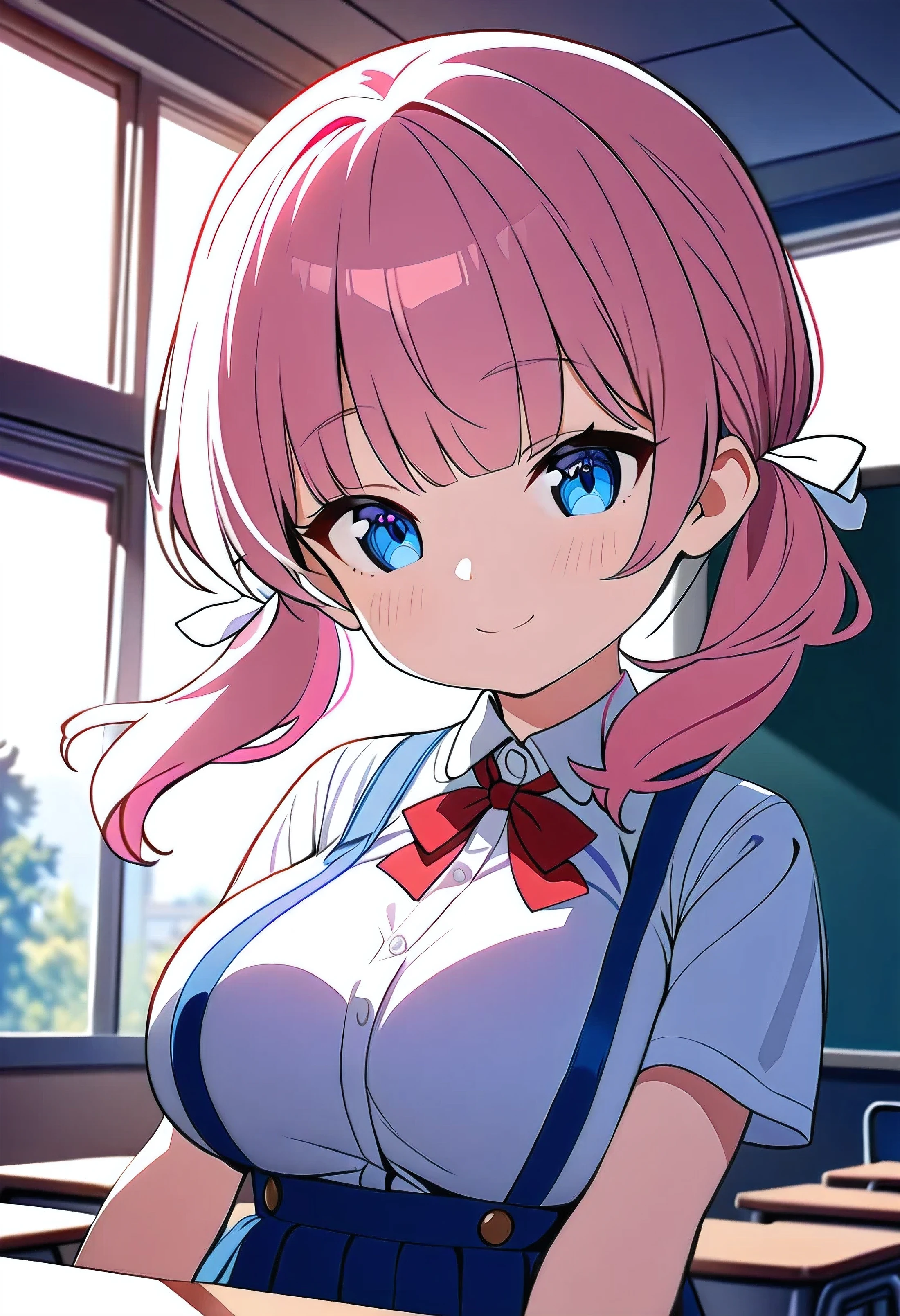 8k, best quality, masterpiece, clear, beautiful face, best quality, ultra high res, super detail, accurate, high details, highres,,(1 person,l body, ****:1.4), white blouse,  blue suspender skirt, red chest ribbon , (Cute eyes,Baby Face,Young face, An innocent smile, Beautiful light blue eyes), (  snap bangs, short pigtails below the ears , Pink Hair, white hair ribbon ),  very big breasts, Big Breasts, Busty,School, classroom, cowboy shot