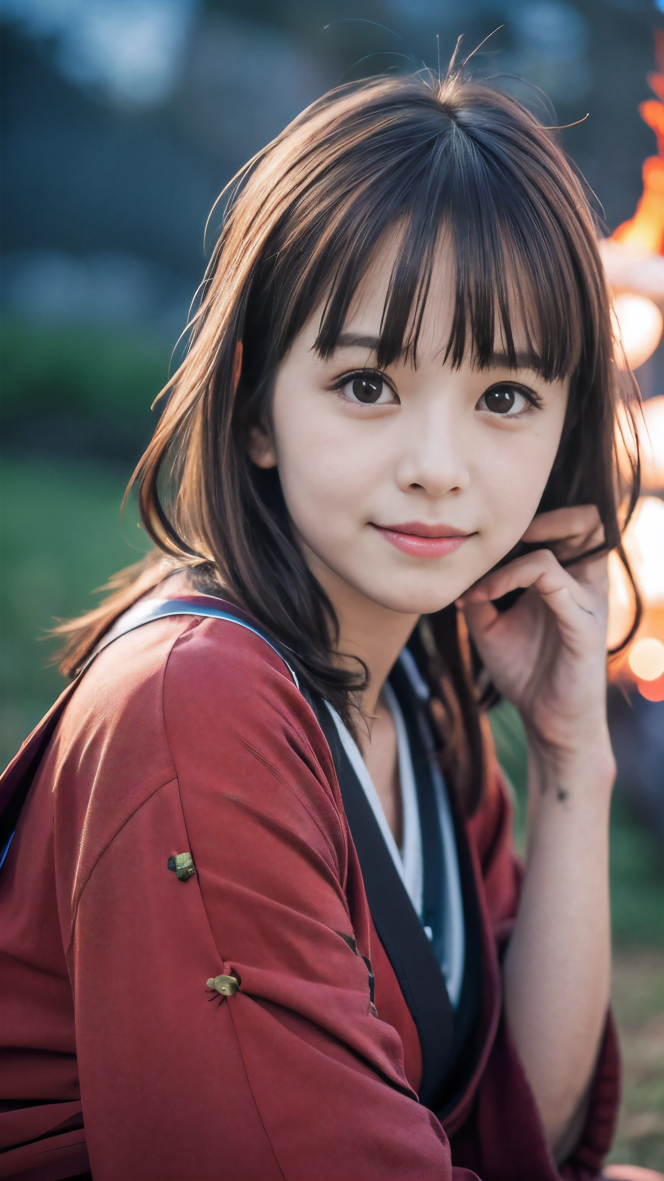 (Close up portrait of one slender small breast red brown wavy long hair with dull bangs girl in a red colored dirty armor warrior as samurai in Japan :1.5)、(One girl take a rest near the bonfire on the wilderness land in old Japan with dirty little smile:1.5)、(Dark midnight background:1.5)、(blurred background:1.5)、(Natural light:1.5)、(8k ultra detailed master piece:1.5)、(perfect anatomy:1.5)、(Photorealistic stick:1.5)、(Raw photo:1.3)、(highest quality:1.5)、(High resolution:1.3)、(Delicate and beautiful perfect face:1.3)、(Delicate and beautiful eye air skin:1.3)、(Real Human Skin:1.3)、((thin legs))
