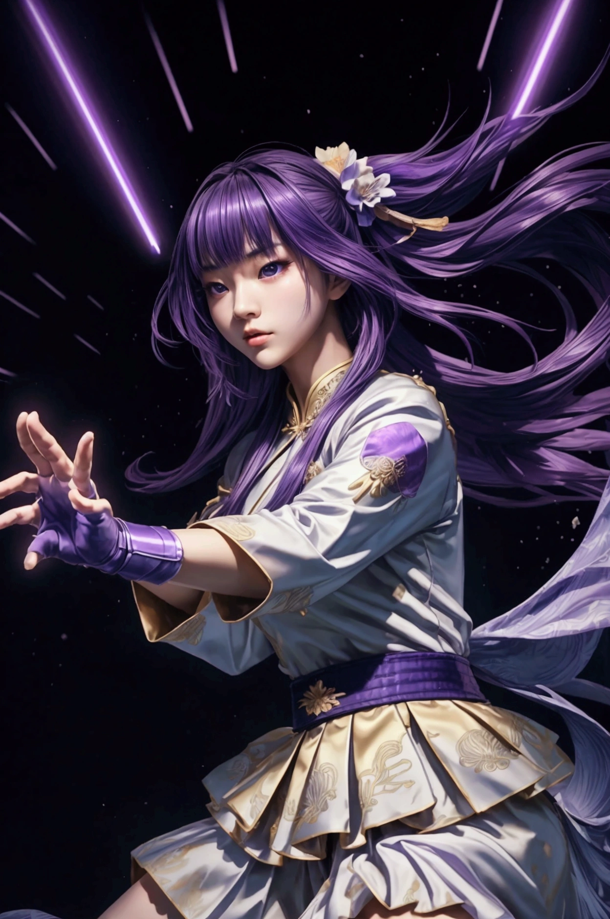  A Beautiful Chinese Girl ,  Sharp eyes ,  Clear Facial Features ,  Wearing a Chinese Dress , fighting stance, martial arts moves,  Body Surrounded by Purple Haze, [ Surrounded Text ,  Holographic Reality , Holographic Glow , motion blur,  Game Light Effect , rim light,  Soft Light , movie rim light,  Delicate Light , masterpiece,  Super Detailed , Epic composition,  Ultra HD , high quality, 最high quality, 【32K