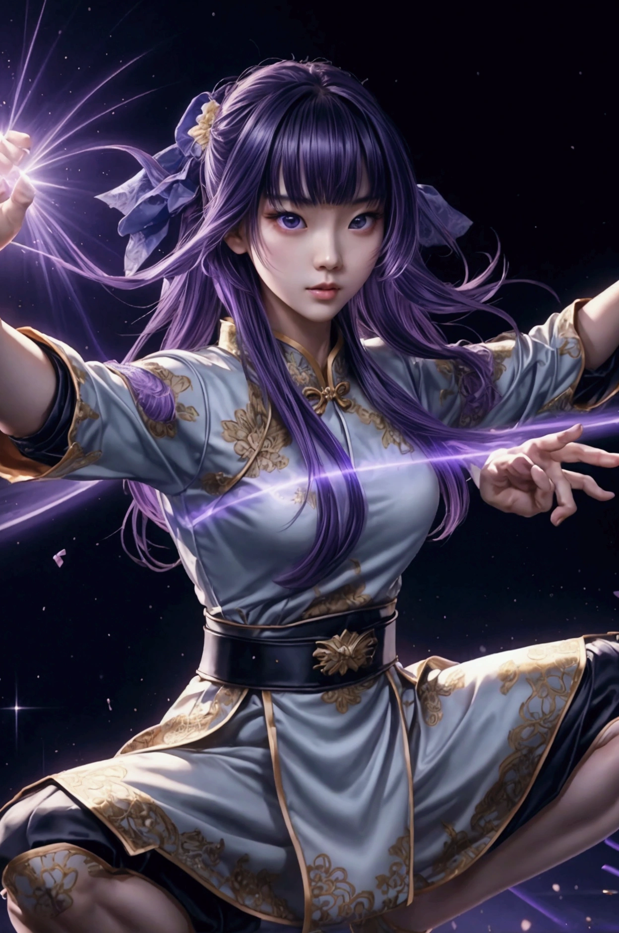  A Beautiful Chinese Girl ,  Sharp eyes ,  Clear Facial Features ,  Wearing a Chinese Dress , fighting stance, martial arts moves,  Body Surrounded by Purple Haze, [ Surrounded Text ,  Holographic Reality , Holographic Glow , motion blur,  Game Light Effect , rim light,  Soft Light , movie rim light,  Delicate Light , masterpiece,  Super Detailed , Epic composition,  Ultra HD , high quality, 最high quality, 【32K