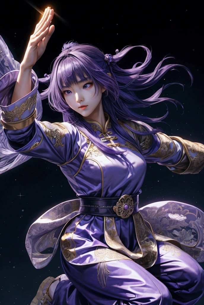  A Beautiful Chinese Girl ,  Sharp eyes ,  Clear Facial Features ,  Wearing a Chinese Dress , fighting stance, martial arts moves,  Body Surrounded by Purple Haze, [ Surrounded Text ,  Holographic Reality , Holographic Glow , motion blur,  Game Light Effect , rim light,  Soft Light , movie rim light,  Delicate Light , masterpiece,  Super Detailed , Epic composition,  Ultra HD , high quality, 最high quality, 【32K