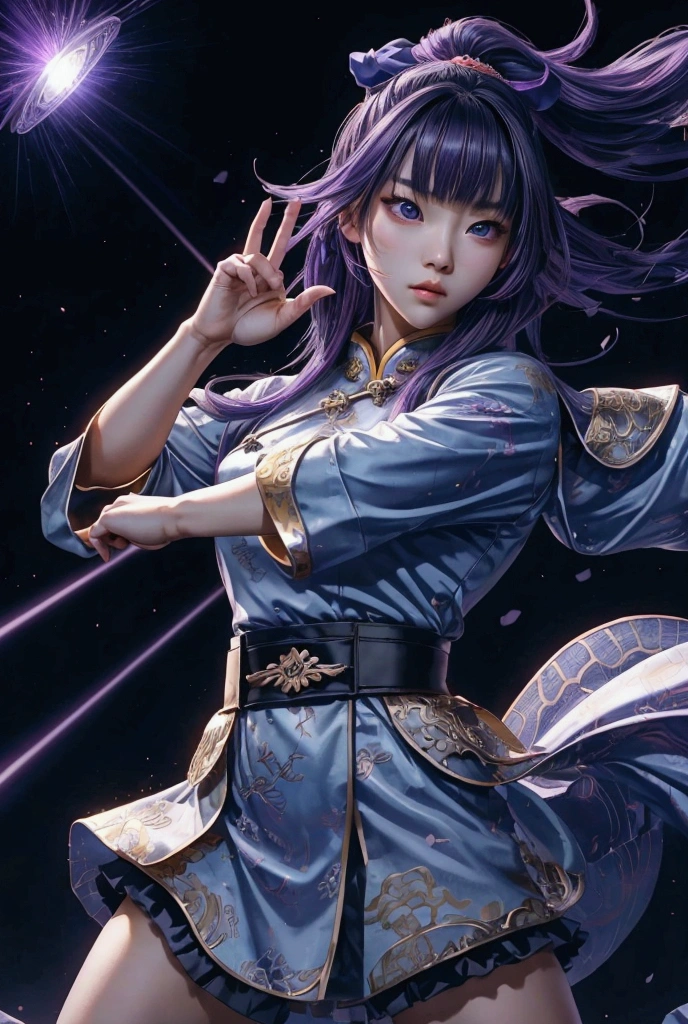  A Beautiful Chinese Girl ,  Sharp eyes ,  Clear Facial Features ,  Wearing a Chinese Dress , fighting stance, martial arts moves,  Body Surrounded by Purple Haze, [ Surrounded Text ,  Holographic Reality , Holographic Glow , motion blur,  Game Light Effect , rim light,  Soft Light , movie rim light,  Delicate Light , masterpiece,  Super Detailed , Epic composition,  Ultra HD , high quality, 最high quality, 【32K