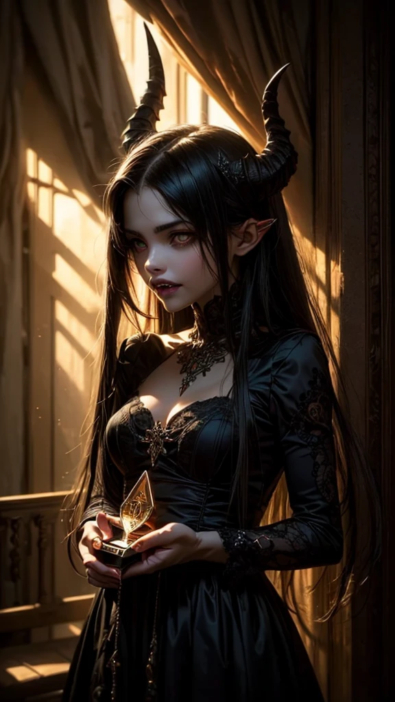 A hauntingly beautiful succubus, dark and alluring, (1girl, detailed face, intricate horns, glowing eyes, sharp fangs, elegant gothic dress, flowing black hair:1.2), dark fantasy, dramatic lighting, (cinematic, moody, atmospheric:1.1), (dramatic, emotive, mystical:1.1), (detailed, highly realistic, award winning digital art:1.4), rich color palette, dramatic chiaroscuro, (glowing, ethereal, otherworldly:1.2), (tempting, seductive, bewitching:1.3), (lonely, melancholic, tragic:1.1), dark romance, (burning, smoldering, passionate:1.2), (surrender, submission, devotion:1.2), (embrace, envelop, consume:1.2), (darkness, shadow, night:1.1), streaked hair, white hair, black hair, drill hair, light smile, seductive smile, excited, photorealistic, Gothic art, anime, anime style, ray tracing, god rays, cinematic lighting, cowboy shot, best quality, super detail, high details, anatomically correct