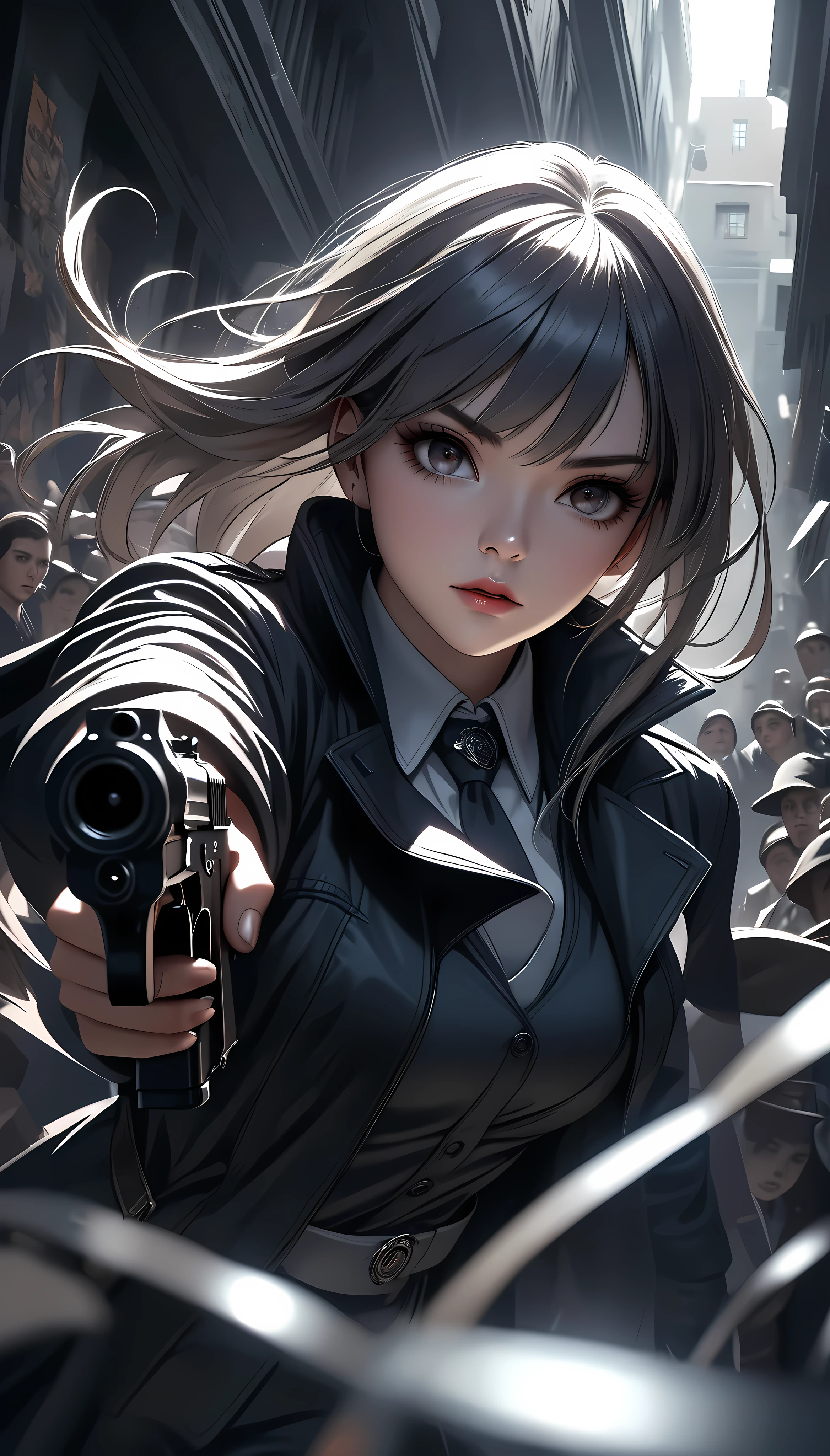 a beautiful secret agent girl with a concealed handgun, lurking amidst the crowded chaos, locking her target in her sights, cool beauty, highly detailed, 8k, photorealistic, dramatic lighting, cinematic composition, chiaroscuro, dramatic shadows, muted color palette, moody atmosphere