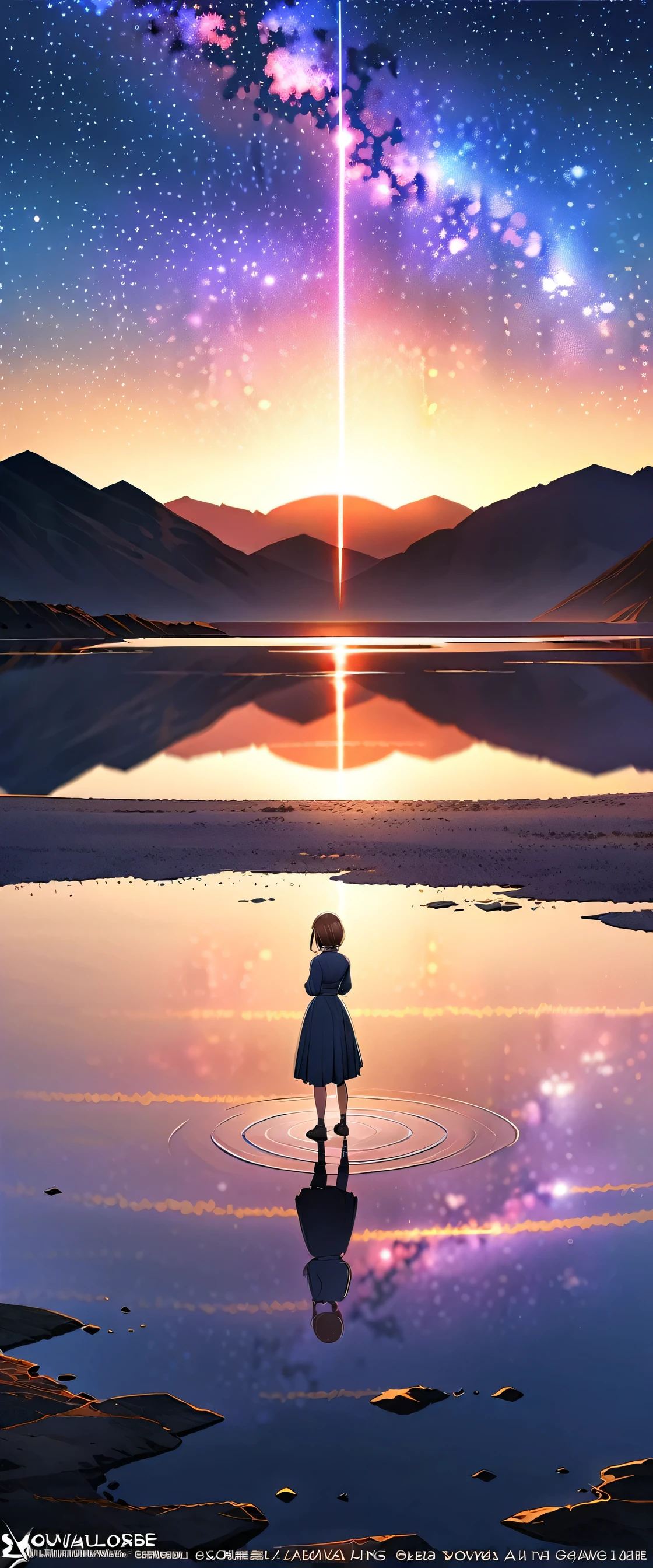 Official Art, Integrated 8K wallpapers,  very detailed ,  masterpiece,  best image quality ，Ultra Wide Angle，night，woman，Standing by the salt lake，The water is like a mirror，Reflecting the sky,Look up at the sky，The Milky Way is in the sky， Dynamic Angle , Grace,  bright color,Cute girl,（Bob hairstyle,Brown Hair）